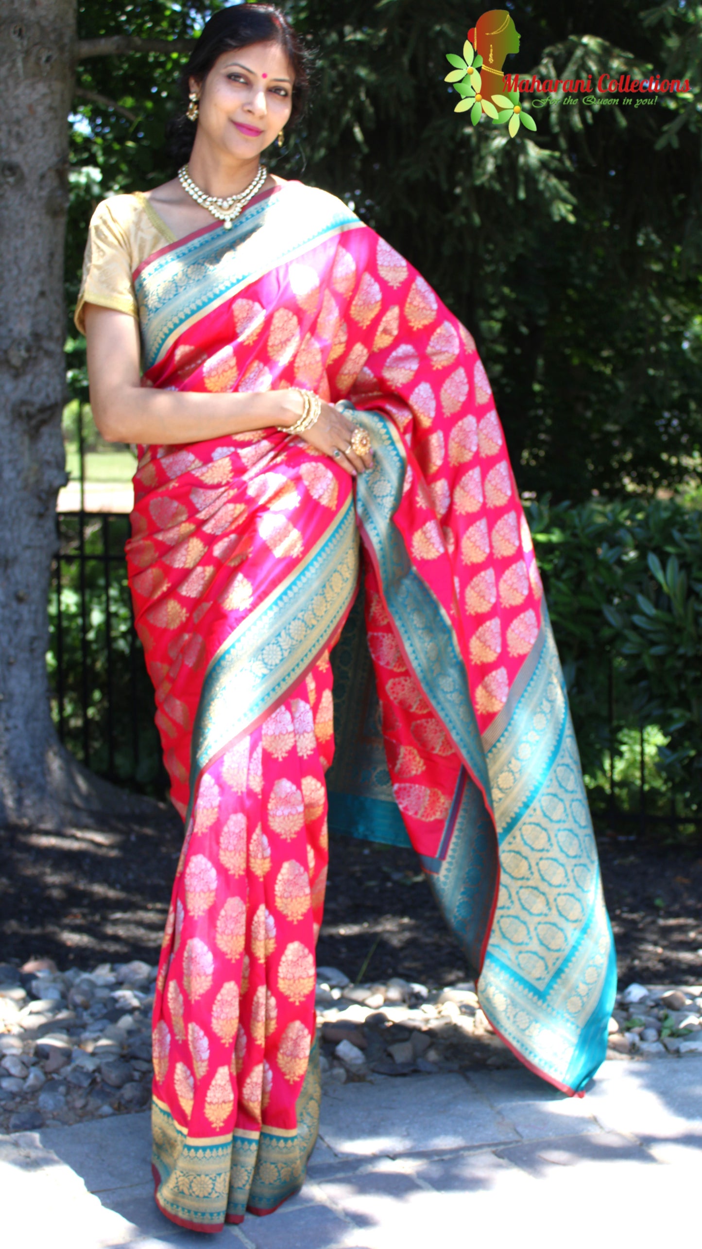 Maharani's Pure Banarasi Silk Saree - Magenta (with stitched Blouse and Petticoat)