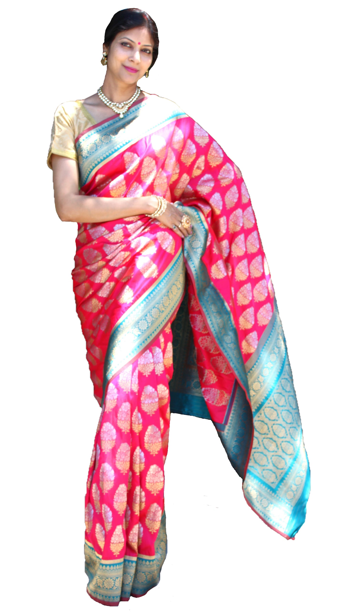 Maharani's Pure Banarasi Silk Saree - Magenta (with stitched Blouse and Petticoat)