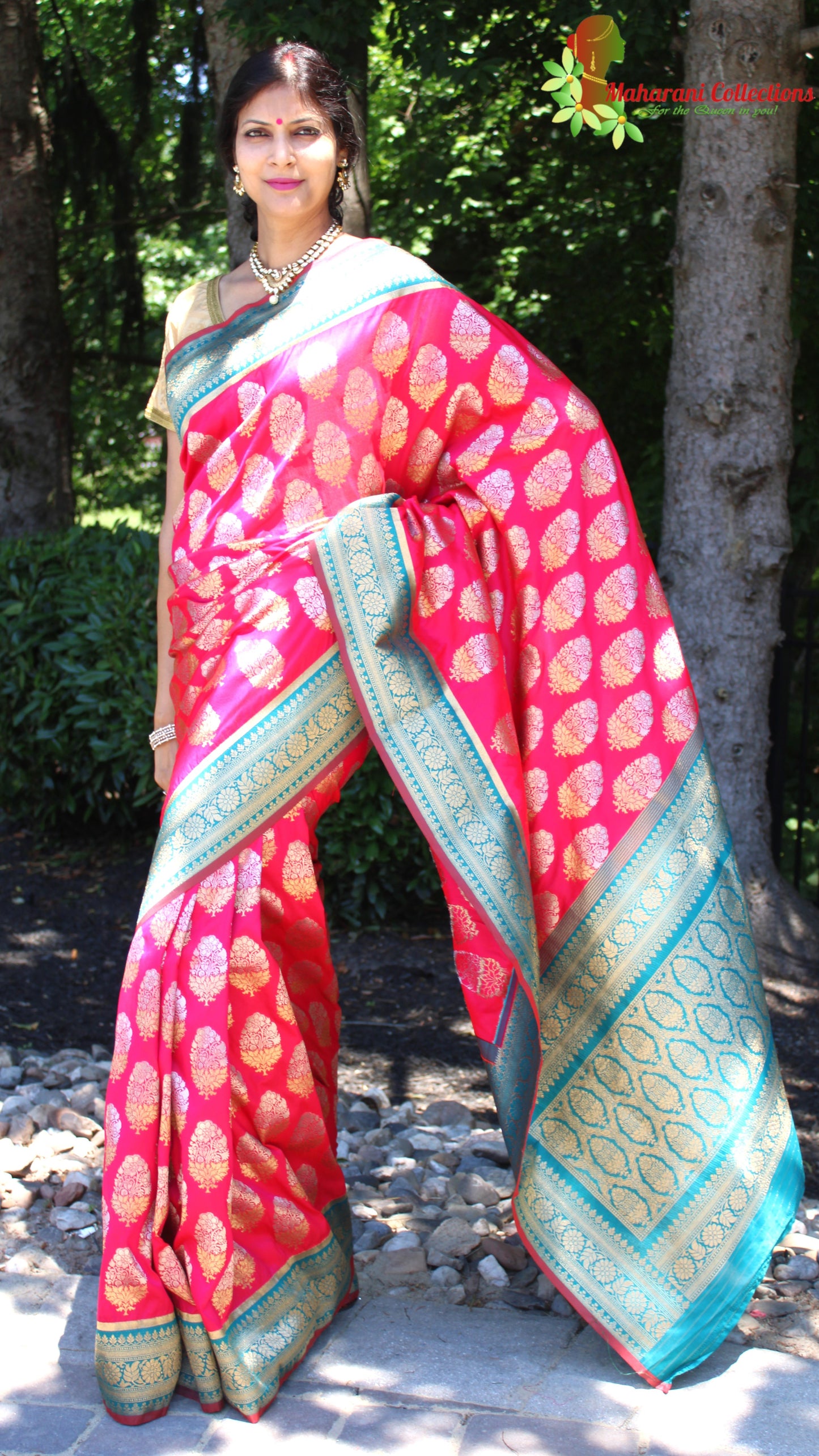 Maharani's Pure Banarasi Silk Saree - Magenta (with stitched Blouse and Petticoat)