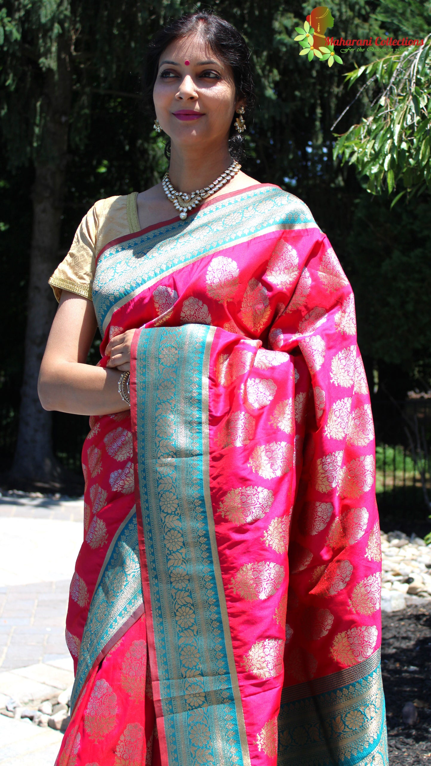 Maharani's Pure Banarasi Silk Saree - Magenta (with stitched Blouse and Petticoat)