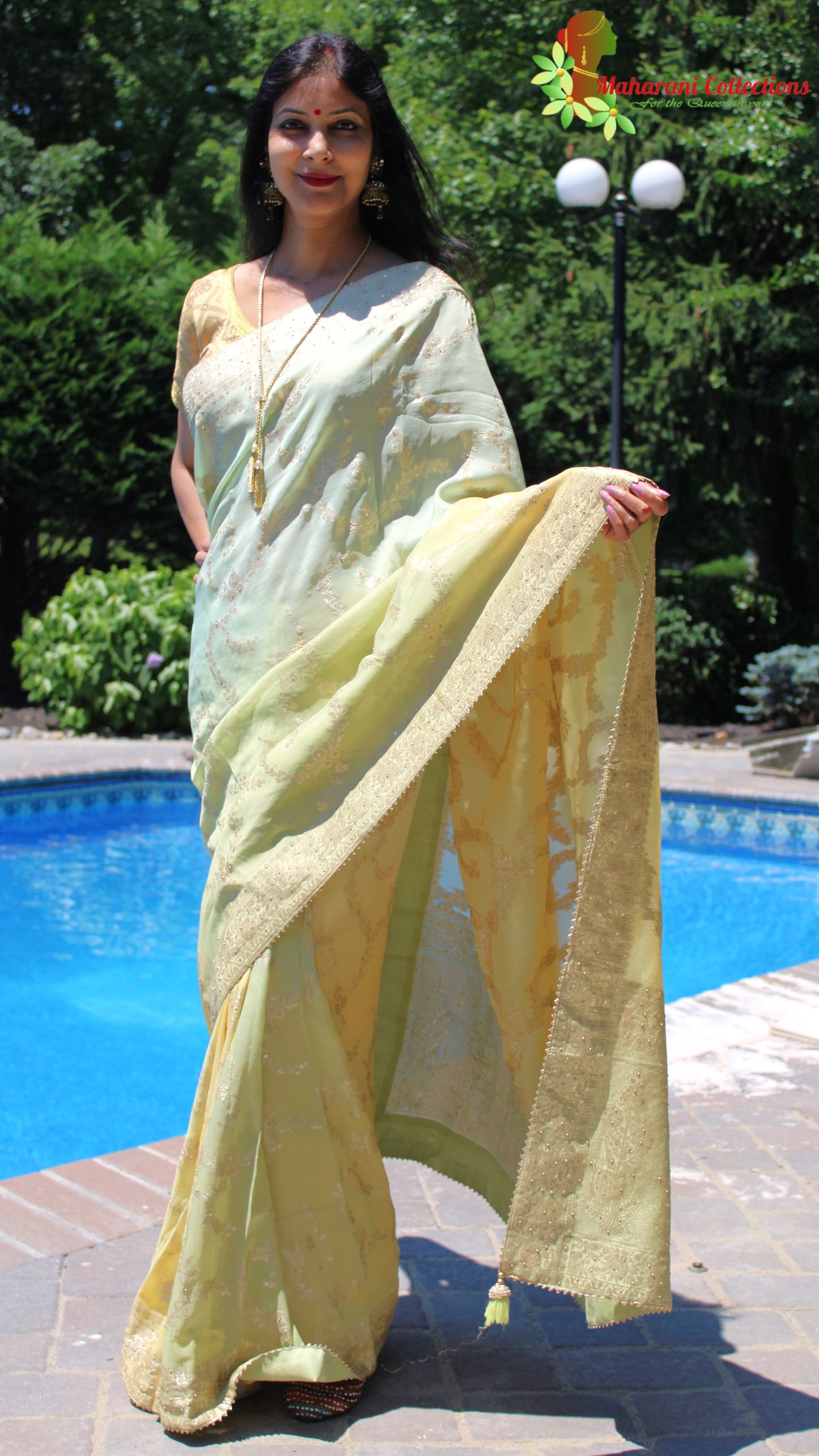 Maharani's Pure Banarasi Georgette Saree - Pista Green (with stitched Blouse and Petticoat)