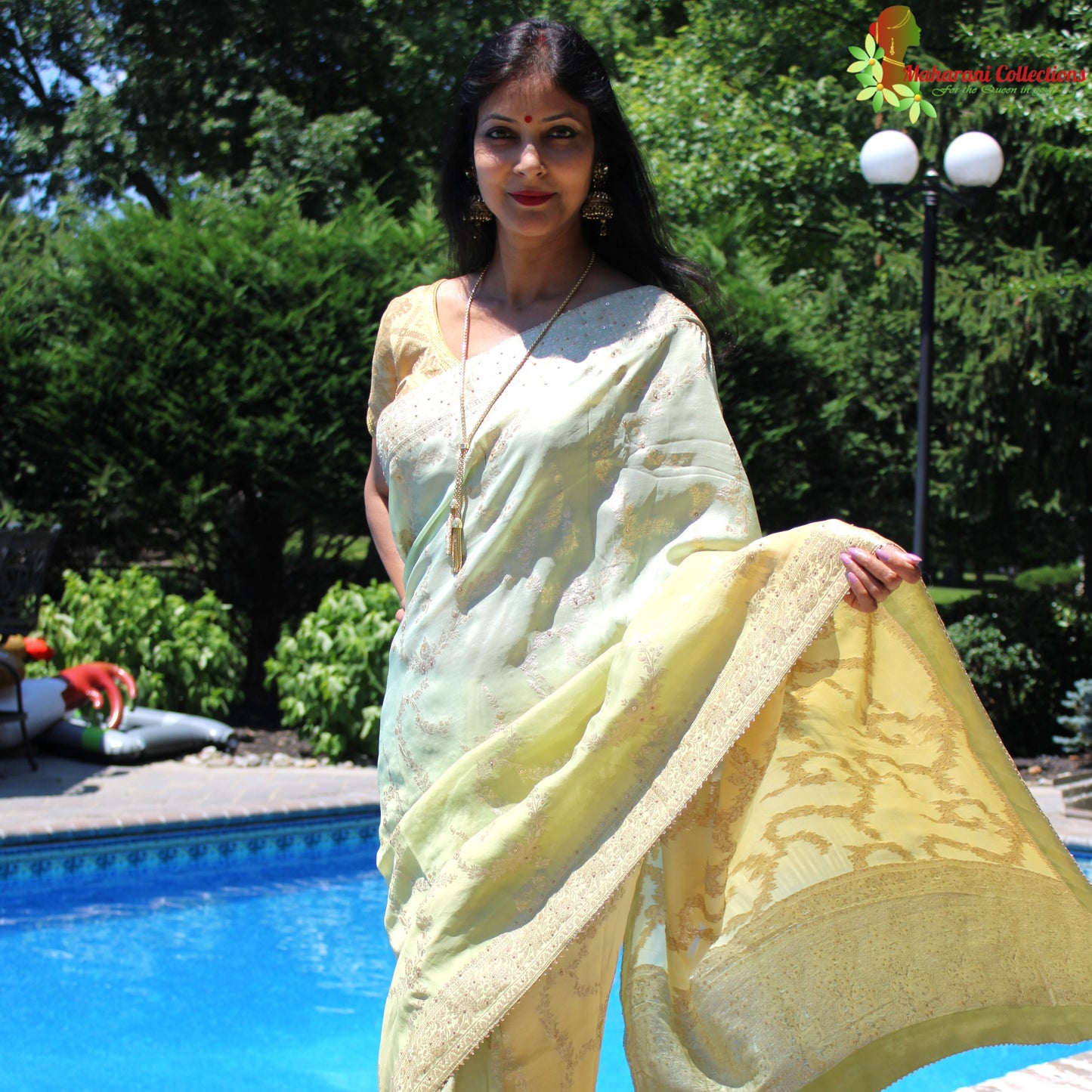 Maharani's Pure Banarasi Georgette Saree - Pista Green (with stitched Blouse and Petticoat)