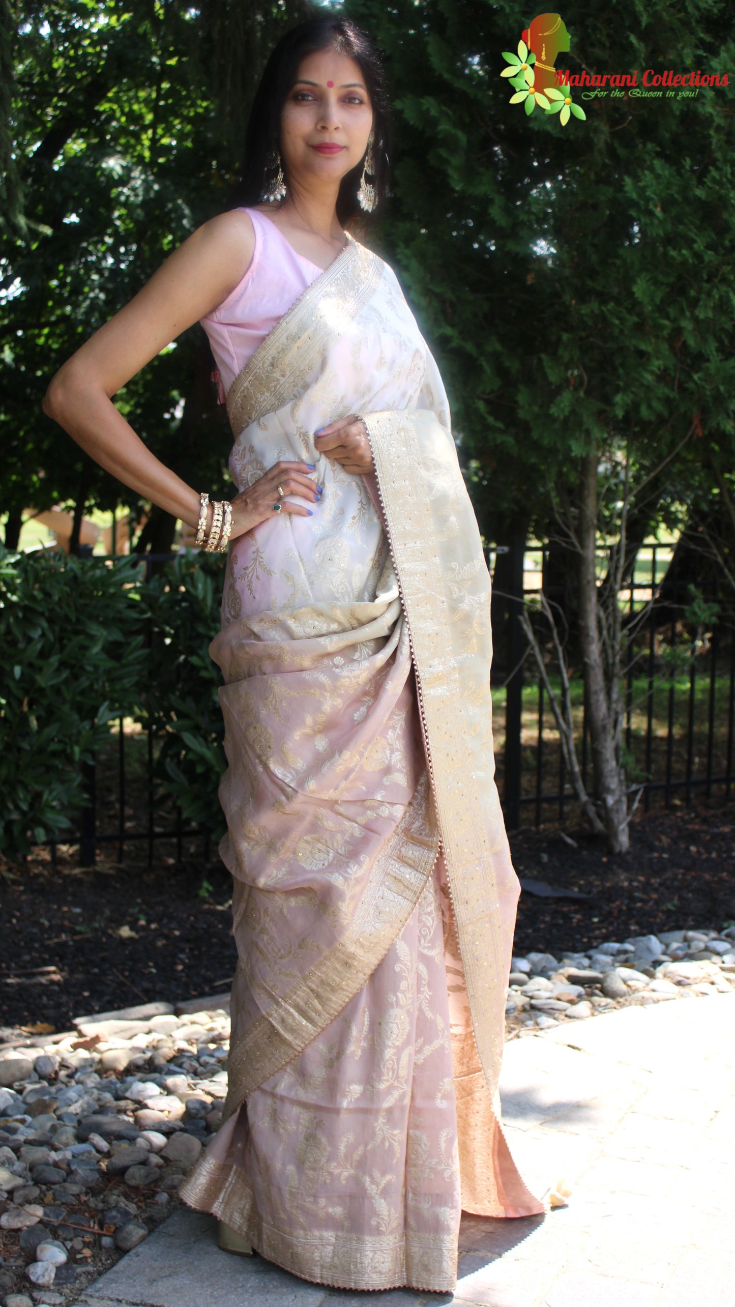 Maharani's Pure Banarasi Georgette Saree - Shades of Sand and Pink (with stitched Blouse and Petticoat)