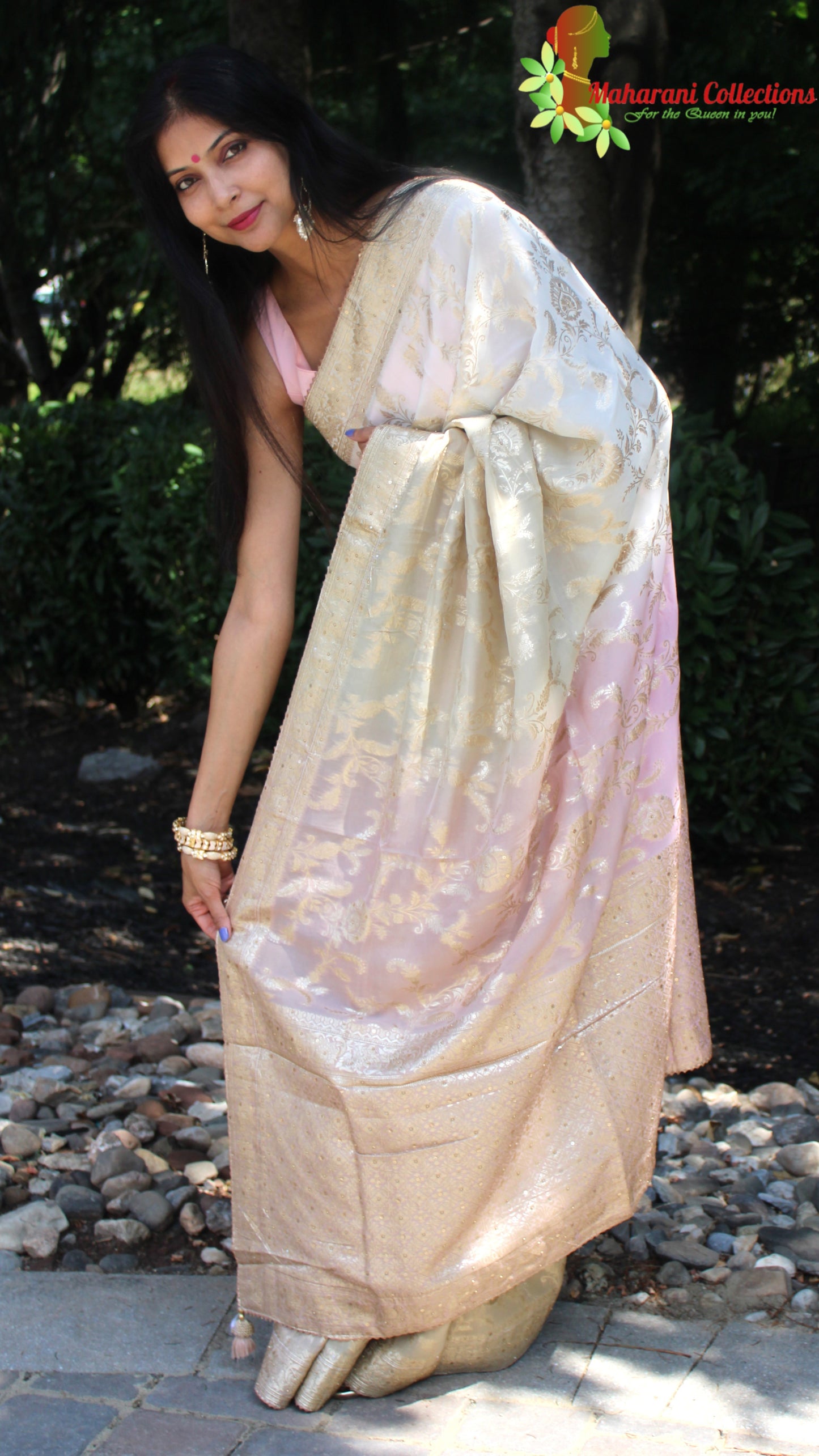 Maharani's Pure Banarasi Georgette Saree - Shades of Sand and Pink (with stitched Blouse and Petticoat)