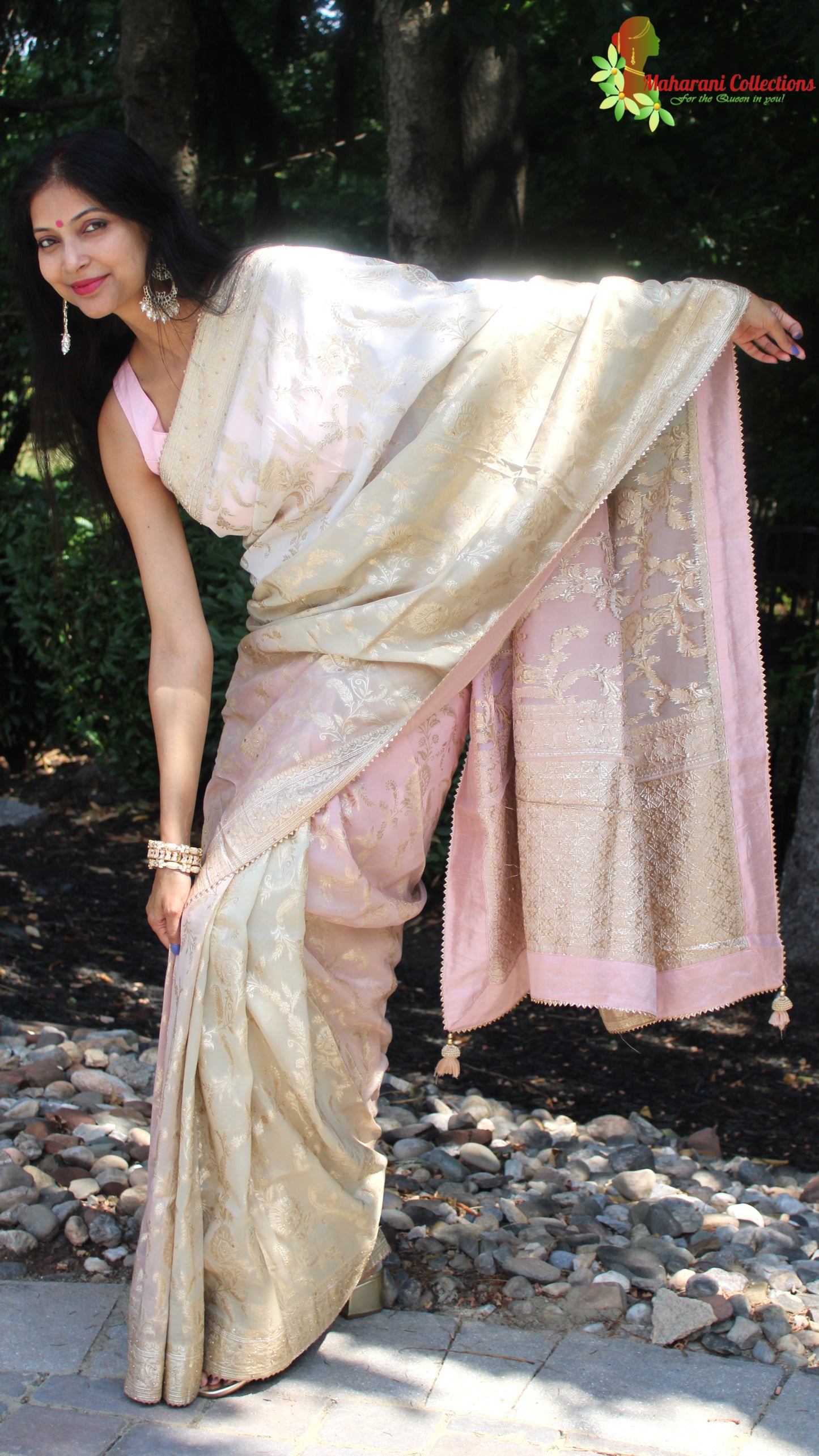 Maharani's Pure Banarasi Georgette Saree - Shades of Sand and Pink (with stitched Blouse and Petticoat)
