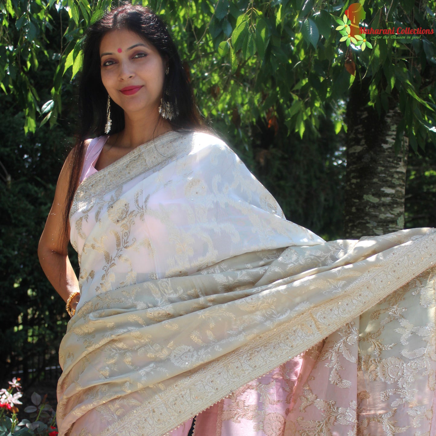 Maharani's Pure Banarasi Georgette Saree - Shades of Sand and Pink (with stitched Blouse and Petticoat)