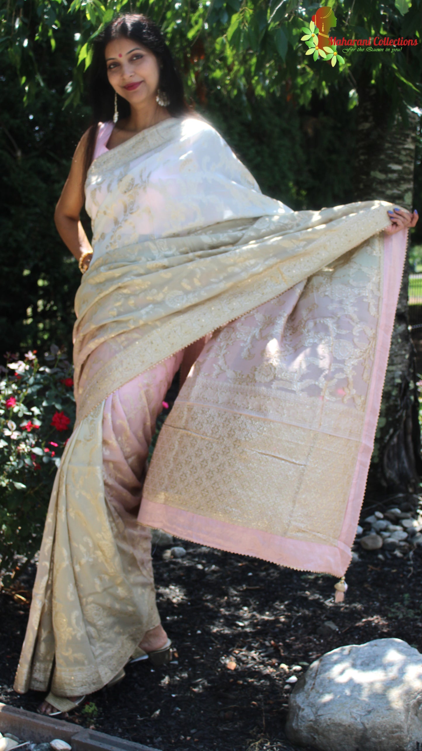 Maharani's Pure Banarasi Georgette Saree - Shades of Sand and Pink (with stitched Blouse and Petticoat)