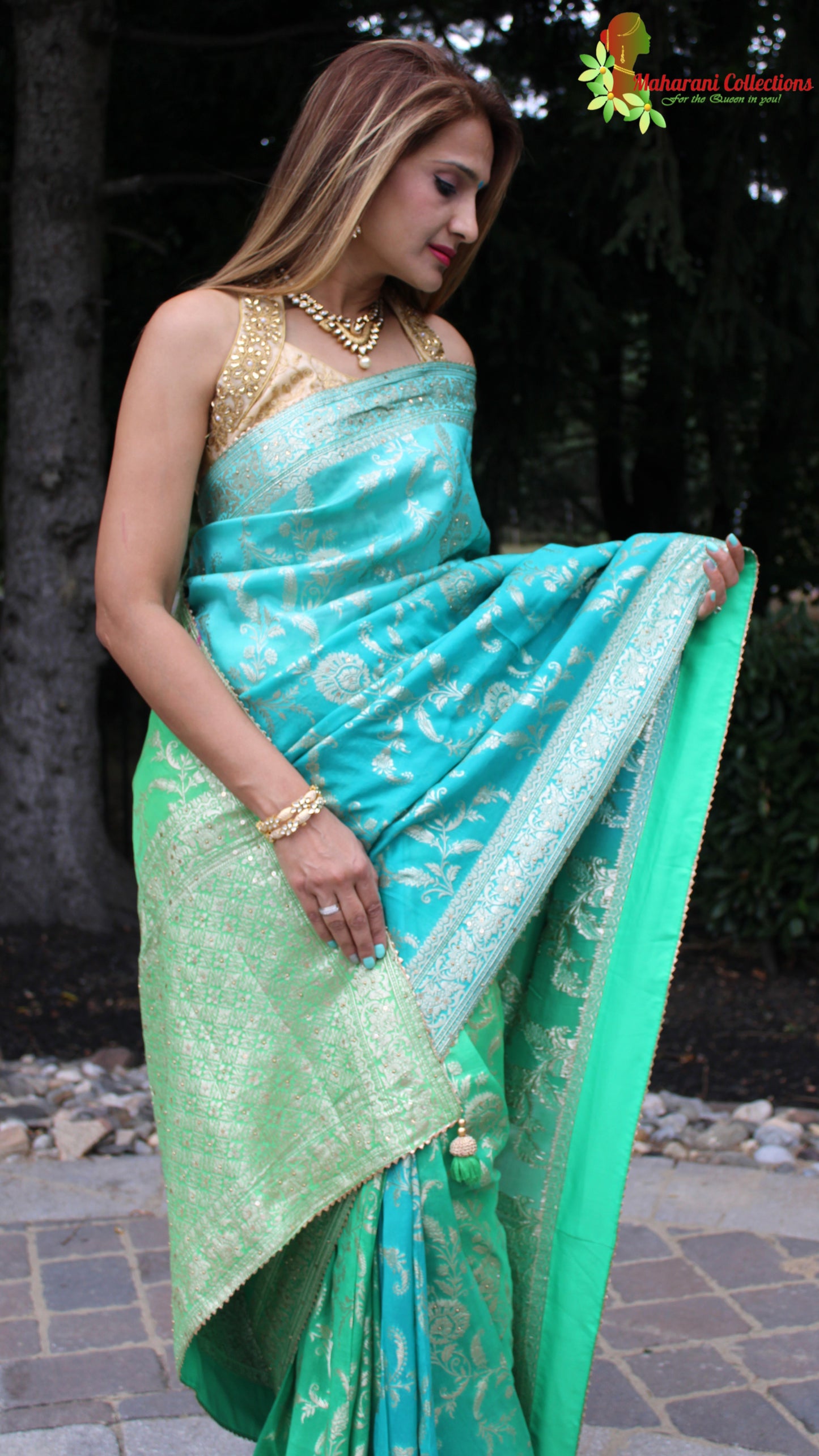 Maharani's Pure Banarasi Georgette Saree - Shades of Green (with stitched Blouse and Petticoat)