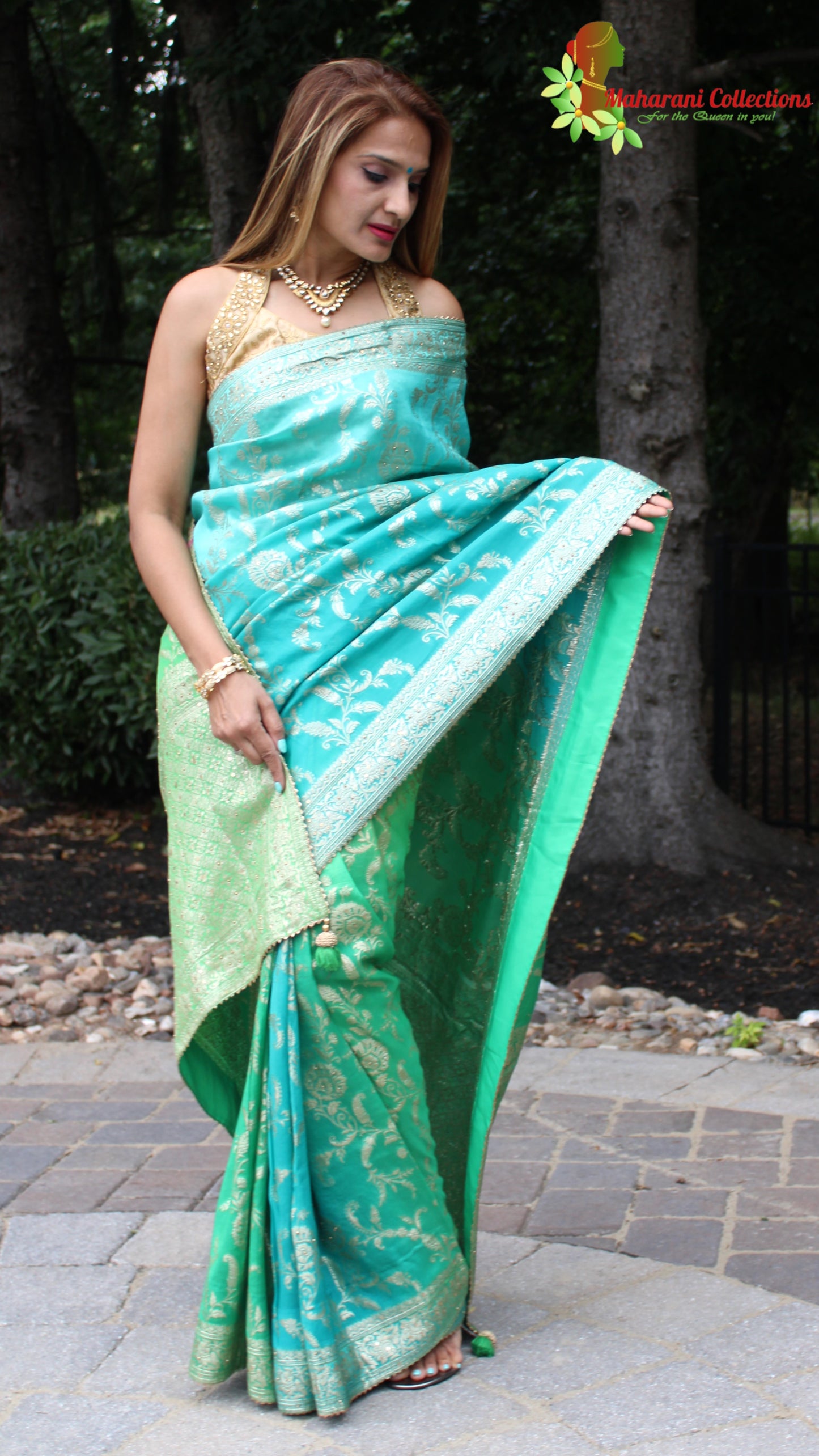 Maharani's Pure Banarasi Georgette Saree - Shades of Green (with stitched Blouse and Petticoat)