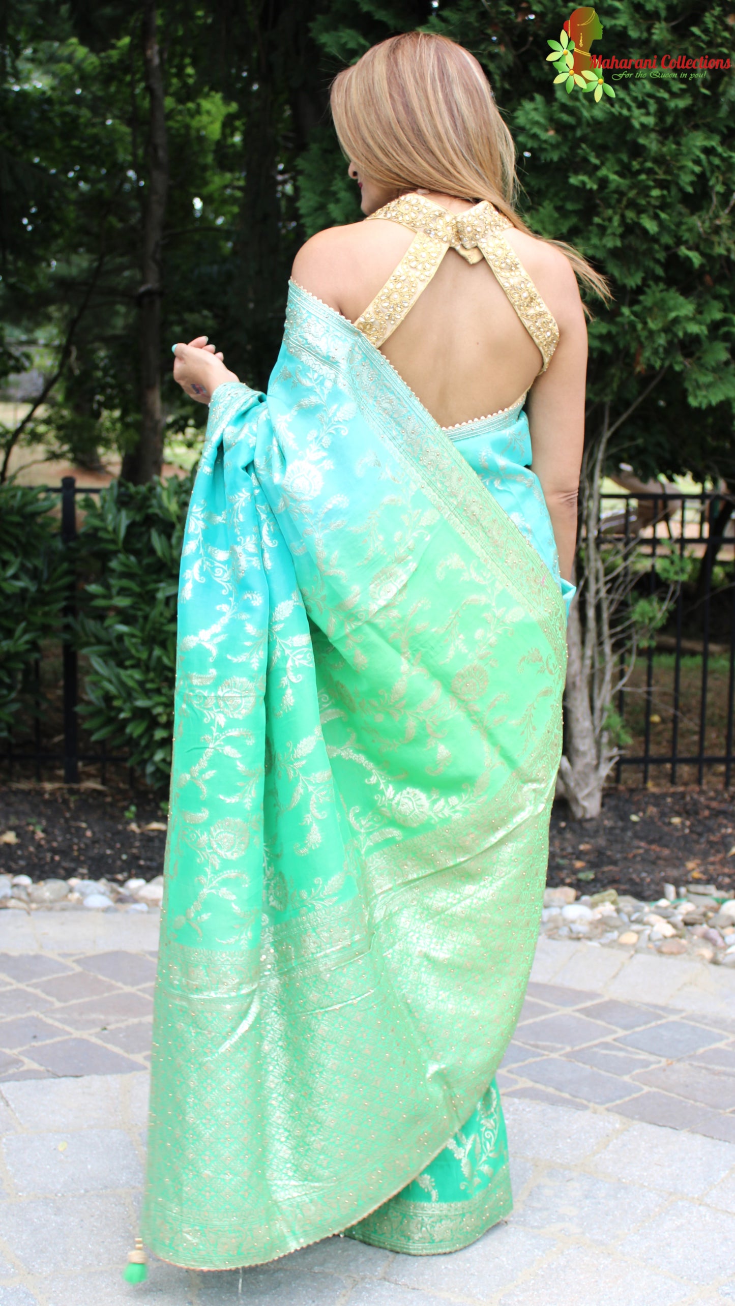 Maharani's Pure Banarasi Georgette Saree - Shades of Green (with stitched Blouse and Petticoat)