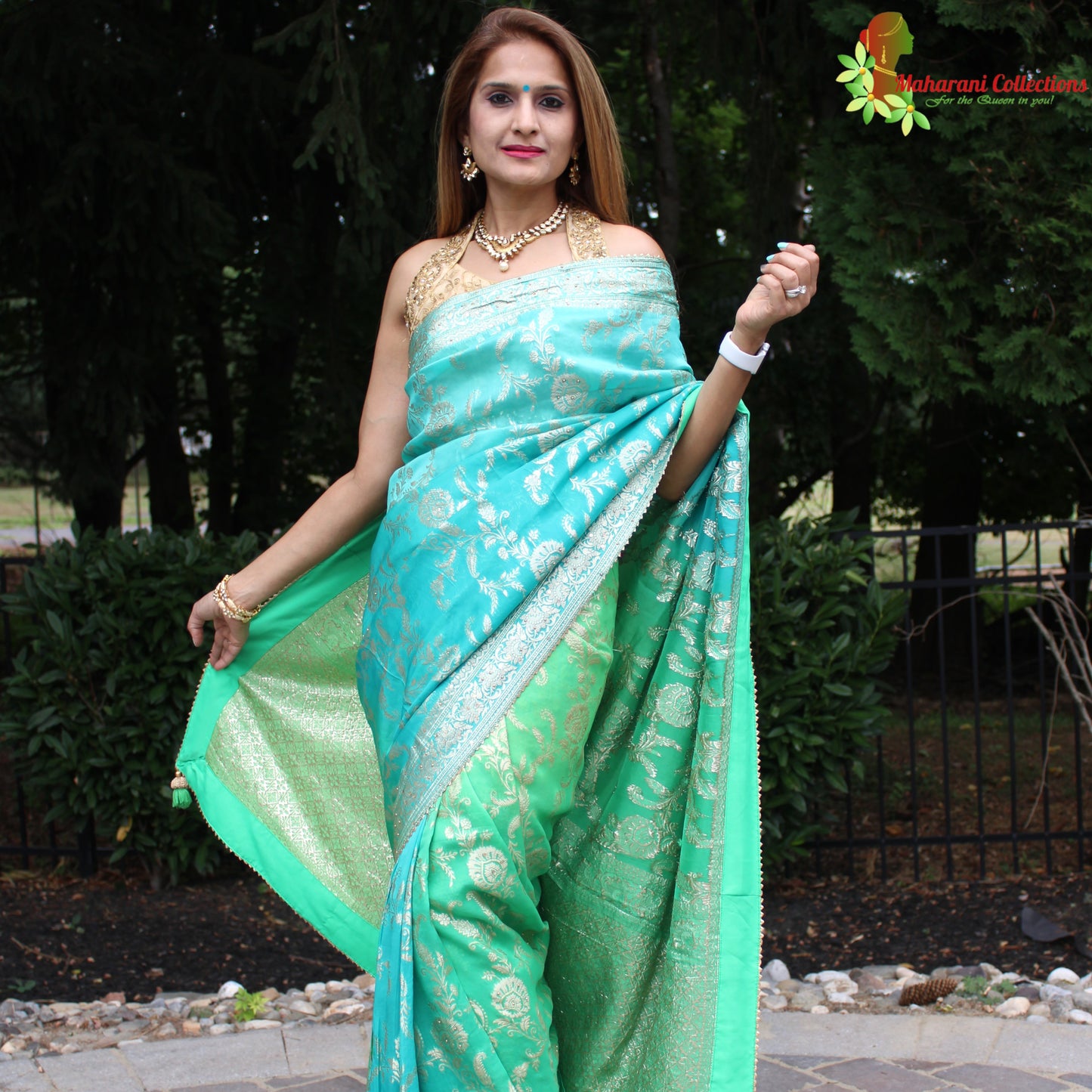 Maharani's Pure Banarasi Georgette Saree - Shades of Green (with stitched Blouse and Petticoat)