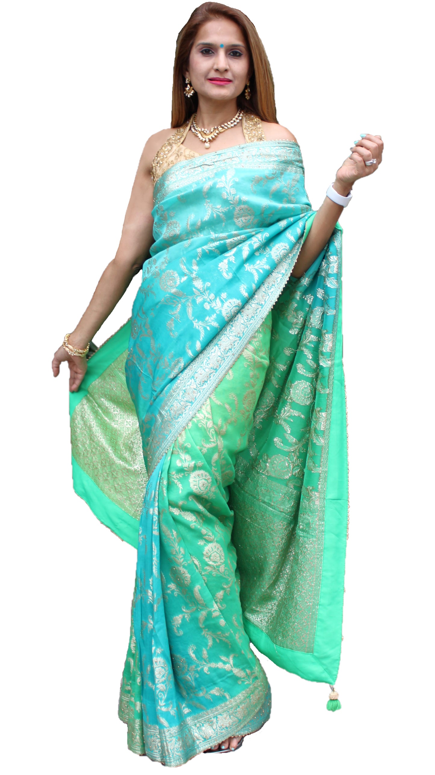 Maharani's Pure Banarasi Georgette Saree - Shades of Green (with stitched Blouse and Petticoat)