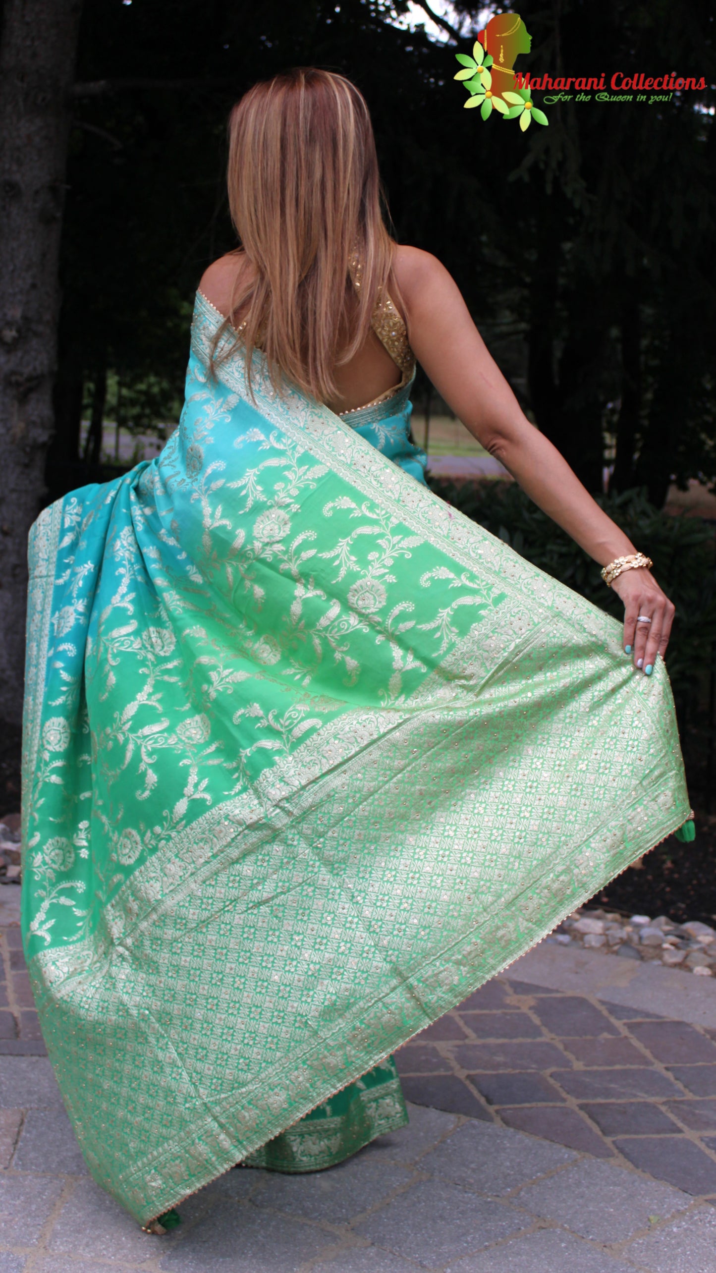 Maharani's Pure Banarasi Georgette Saree - Shades of Green (with stitched Blouse and Petticoat)