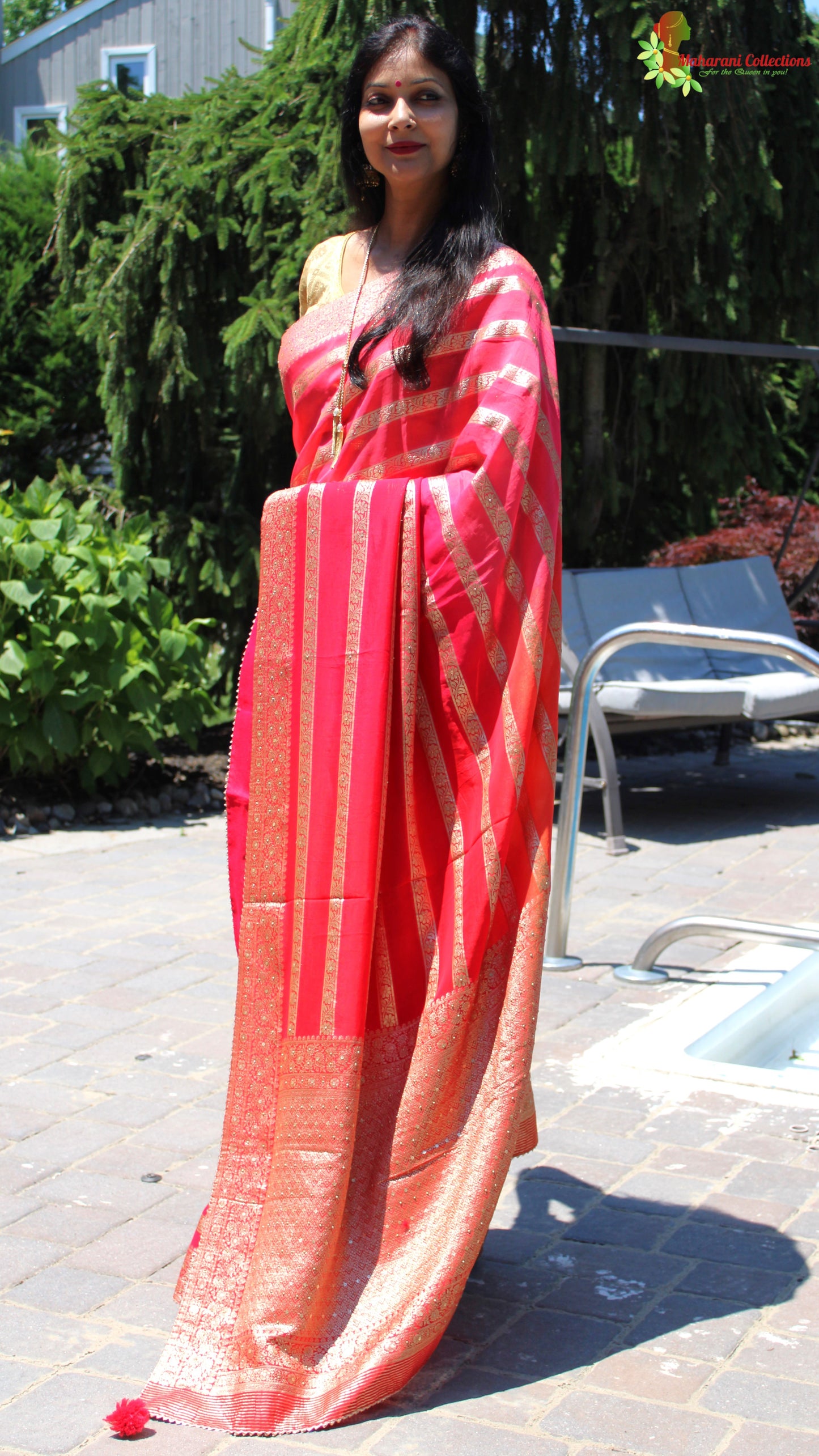 Maharani's Pure Banarasi Georgette Saree - Red, Pink and Orange (with stitched Blouse and Petticoat)