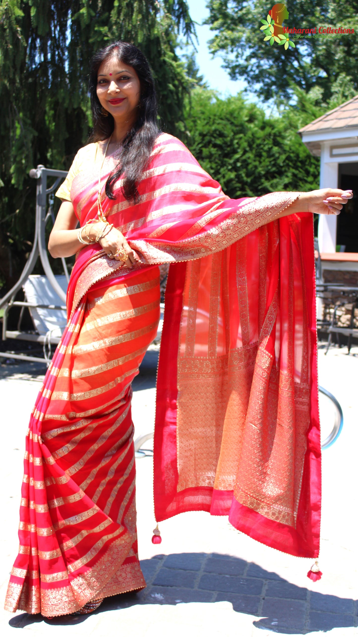 Maharani's Pure Banarasi Georgette Saree - Red, Pink and Orange (with stitched Blouse and Petticoat)