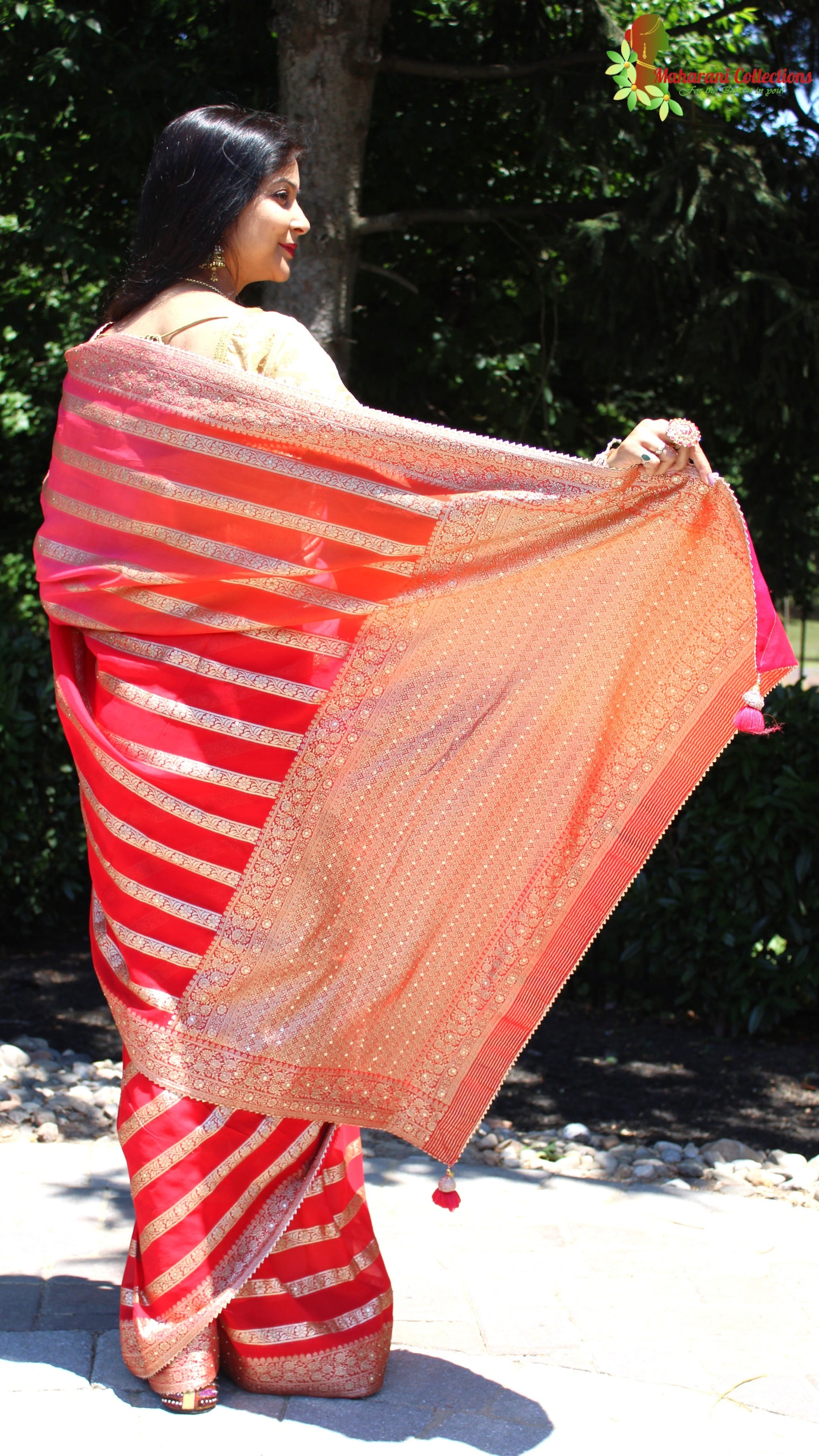 Maharani's Pure Banarasi Georgette Saree - Red, Pink and Orange (with stitched Blouse and Petticoat)
