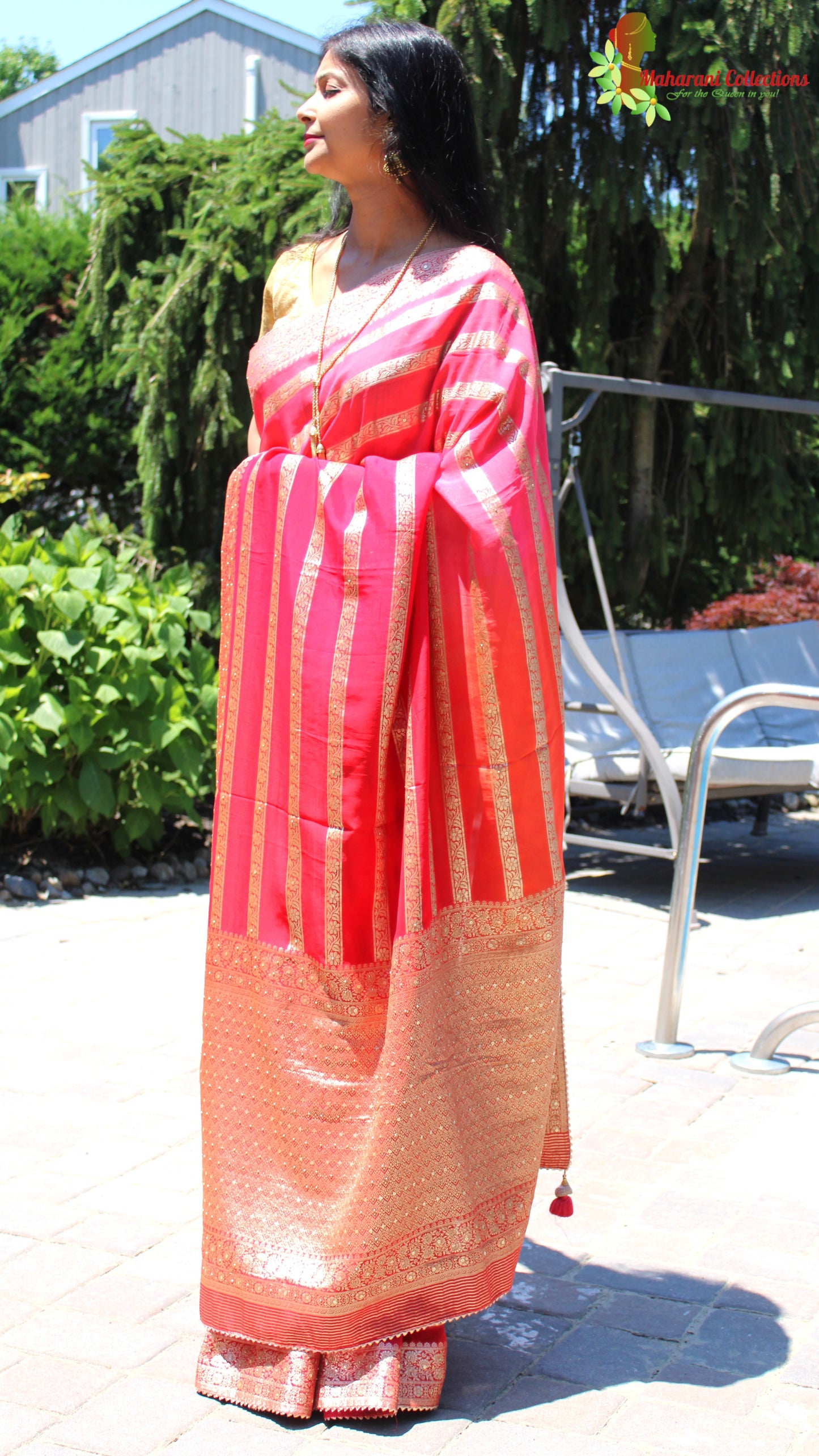 Maharani's Pure Banarasi Georgette Saree - Red, Pink and Orange (with stitched Blouse and Petticoat)