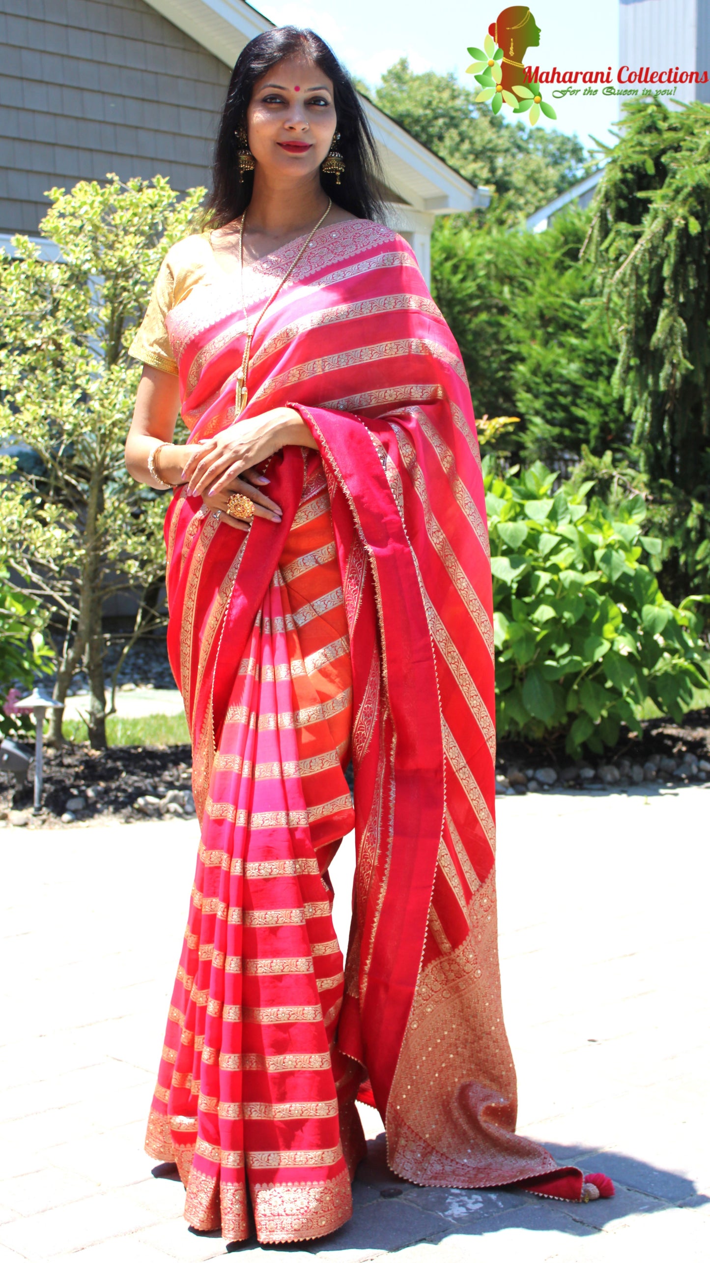 Maharani's Pure Banarasi Georgette Saree - Red, Pink and Orange (with stitched Blouse and Petticoat)