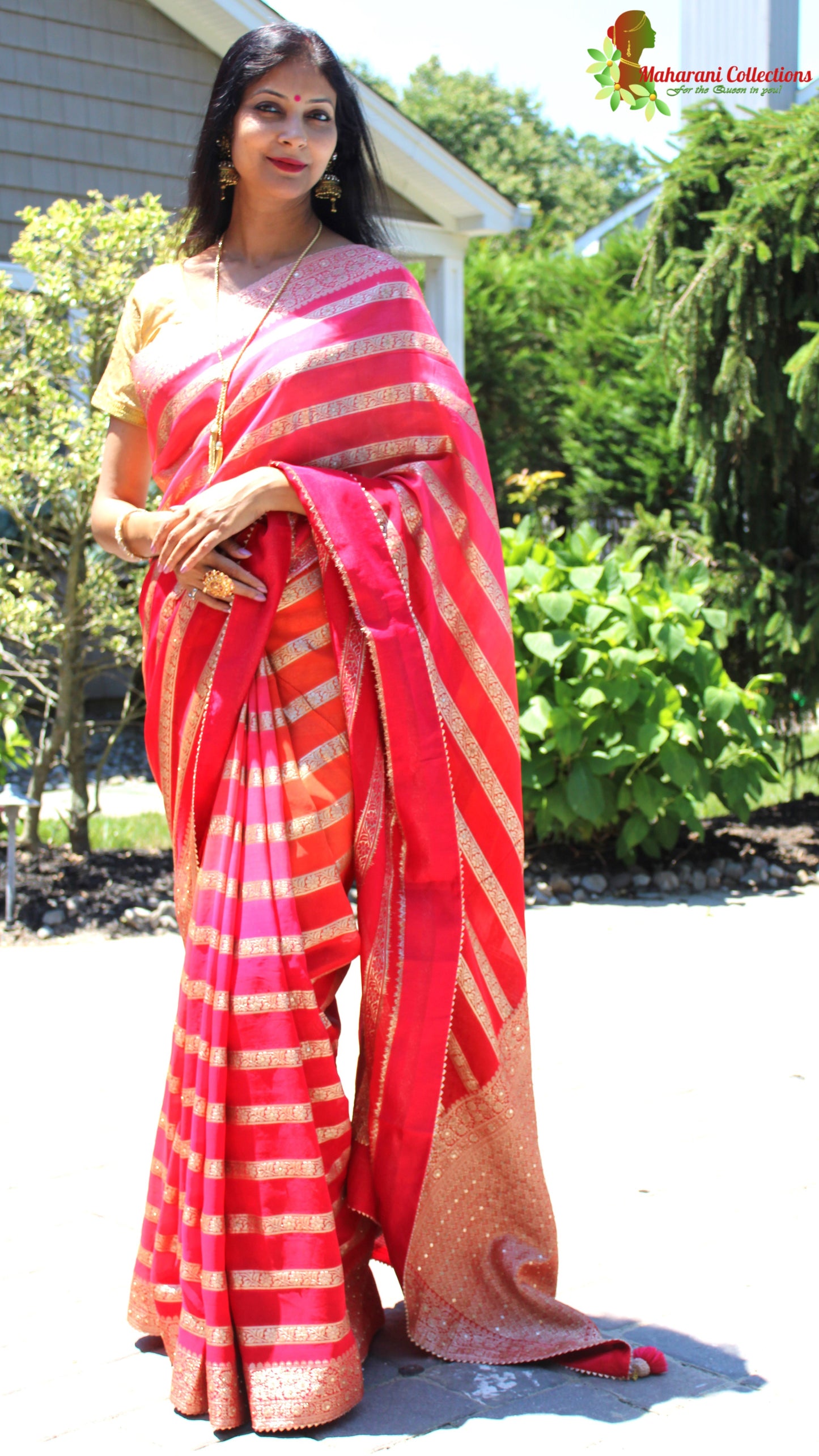 Maharani's Pure Banarasi Georgette Saree - Red, Pink and Orange (with stitched Blouse and Petticoat)