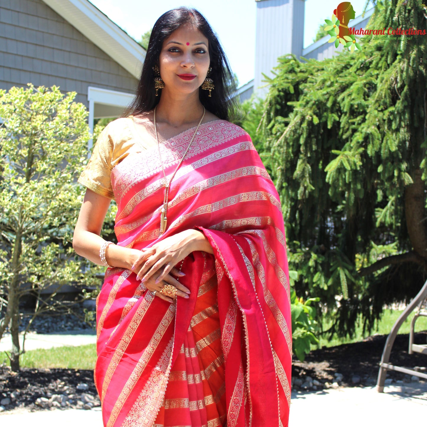 Maharani's Pure Banarasi Georgette Saree - Red, Pink and Orange (with stitched Blouse and Petticoat)