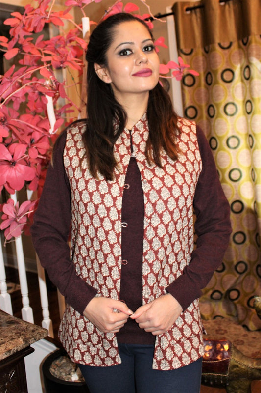 Maroon Floral Traditional Cotton Bandi Jacket