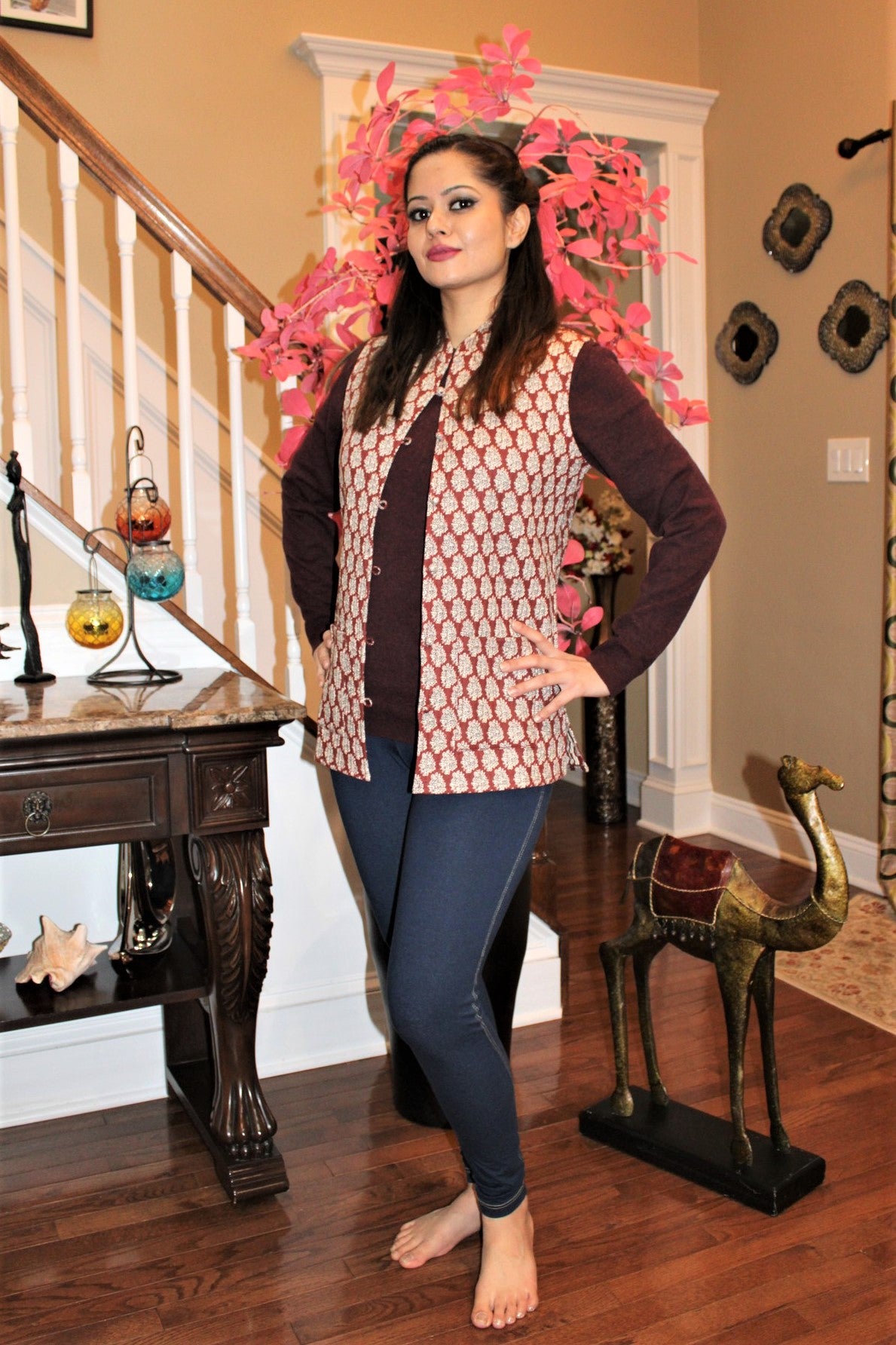 Maroon Floral Traditional Cotton Bandi Jacket