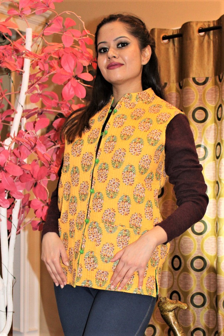 Yellow Floral Traditional Cotton Bandi Jacket