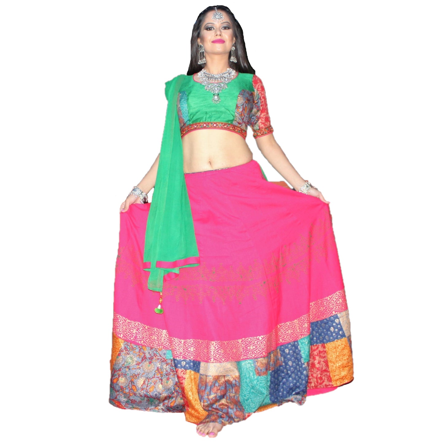 Maharani's Festive Chania Choli with Dupatta - Pink and Green (M)