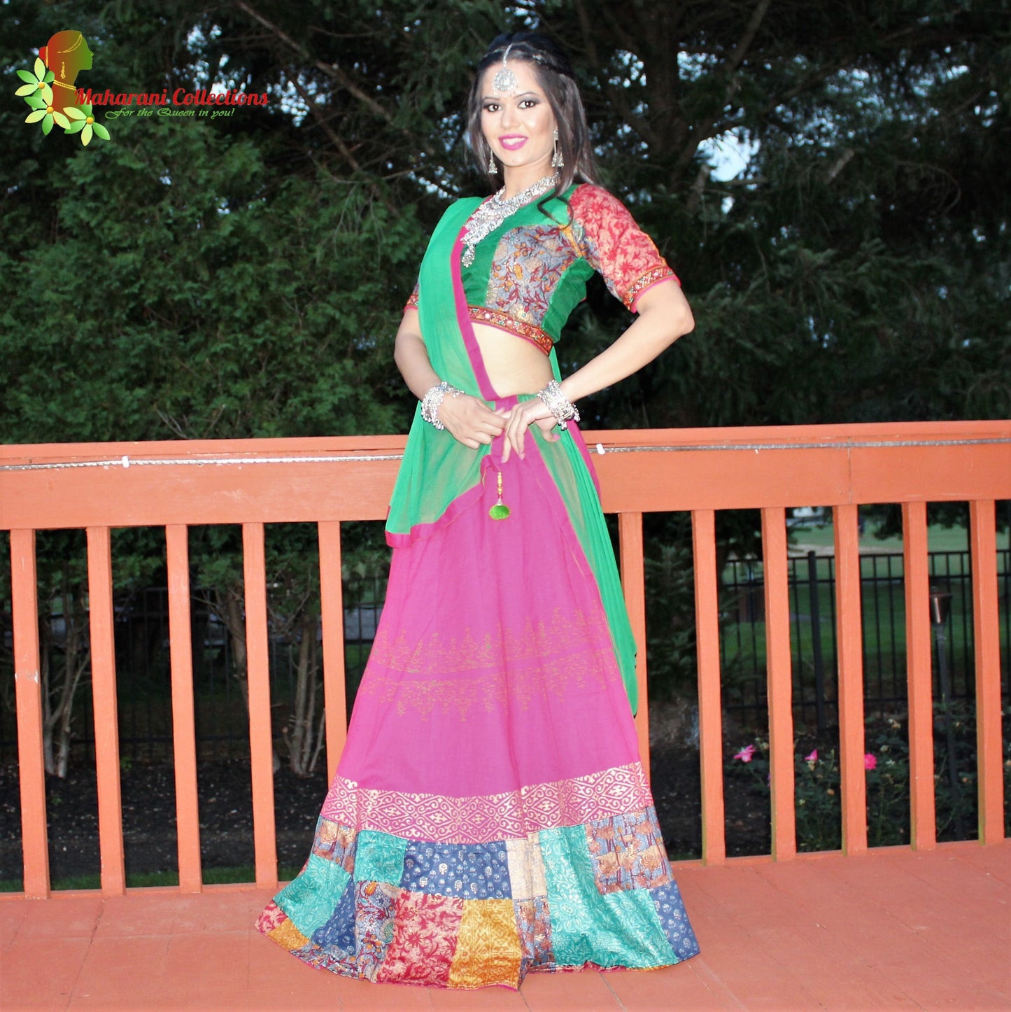 Maharani's Festive Chania Choli with Dupatta - Pink and Green (M)