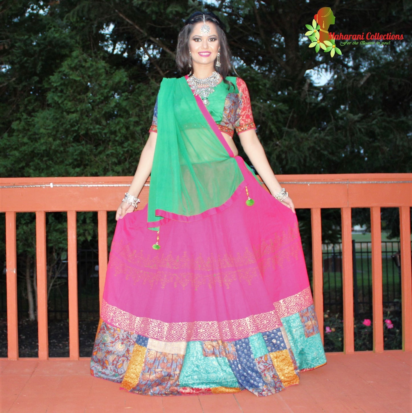 Maharani's Festive Chania Choli with Dupatta - Pink and Green (M)