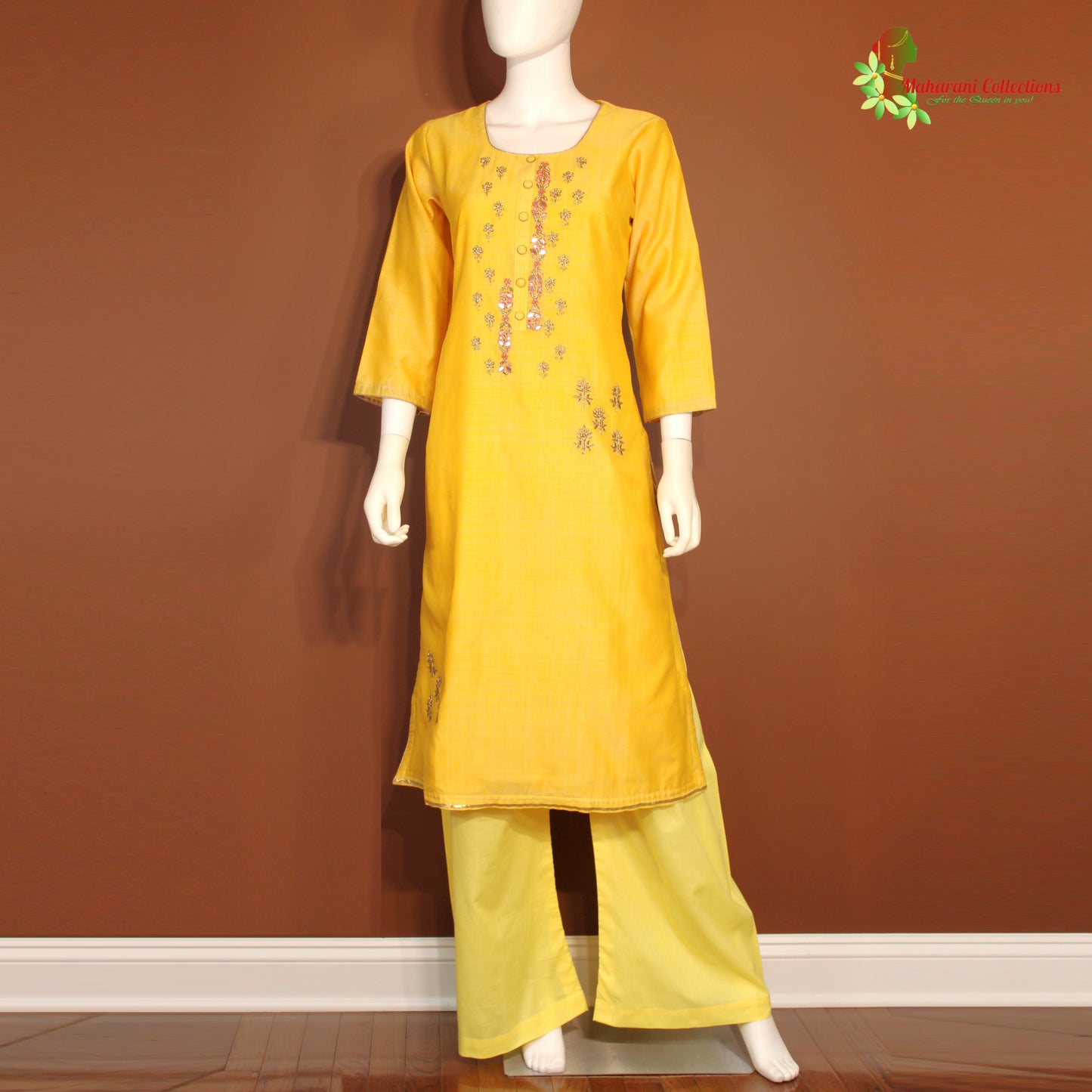 Maharani's Designer Silk Palazzo Suit Set - Yellow (M)