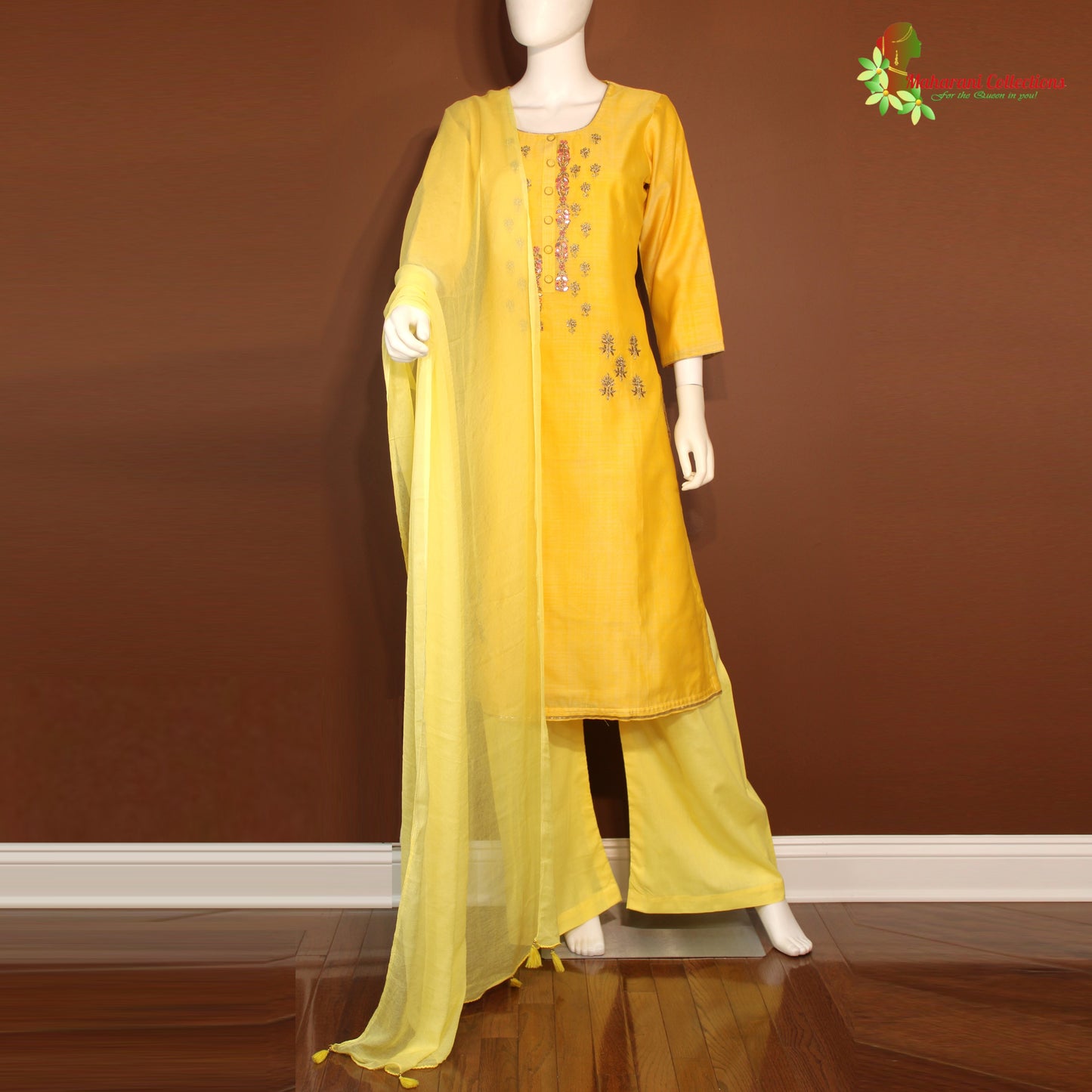 Maharani's Designer Silk Palazzo Suit Set - Yellow (M)