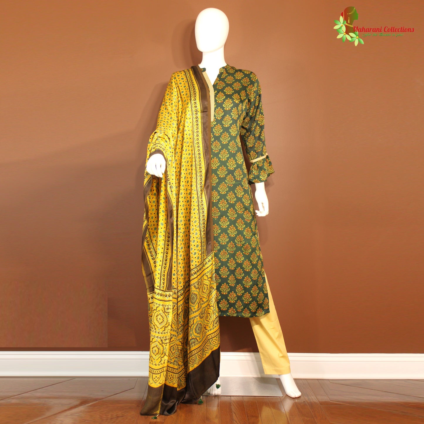 Maharani's Designer Silk Pant Suit - Green and Yellow (M)