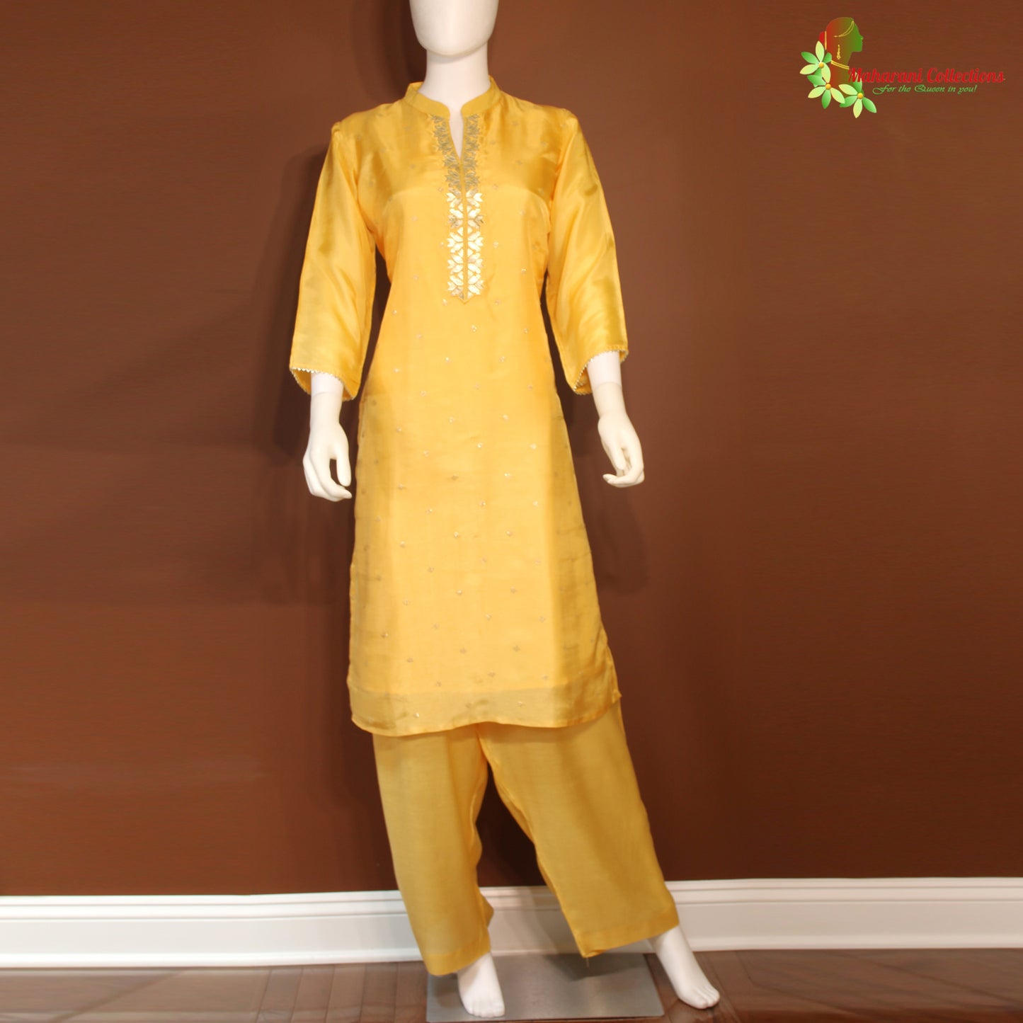 Maharani's Silk Palazzo Suit Set - Yellow (L)