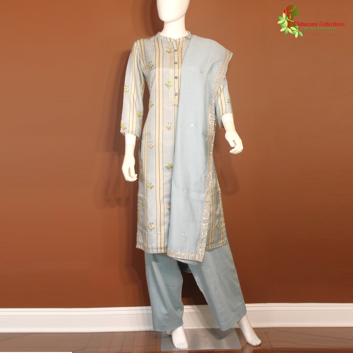 Maharani's Silk Palazzo Suit Set - Silver Grey (L)
