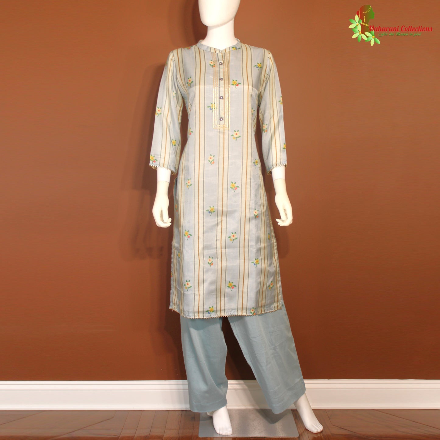Maharani's Silk Palazzo Suit Set - Silver Grey (L)