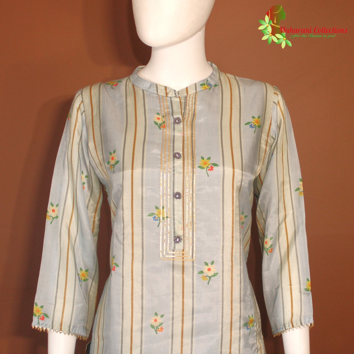 Maharani's Silk Palazzo Suit Set - Silver Grey (L)