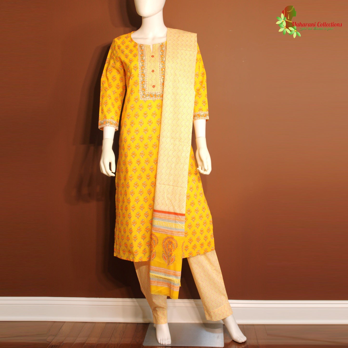 Maharani's Pure Cotton Palazzo Suit Set - Yellow (L)