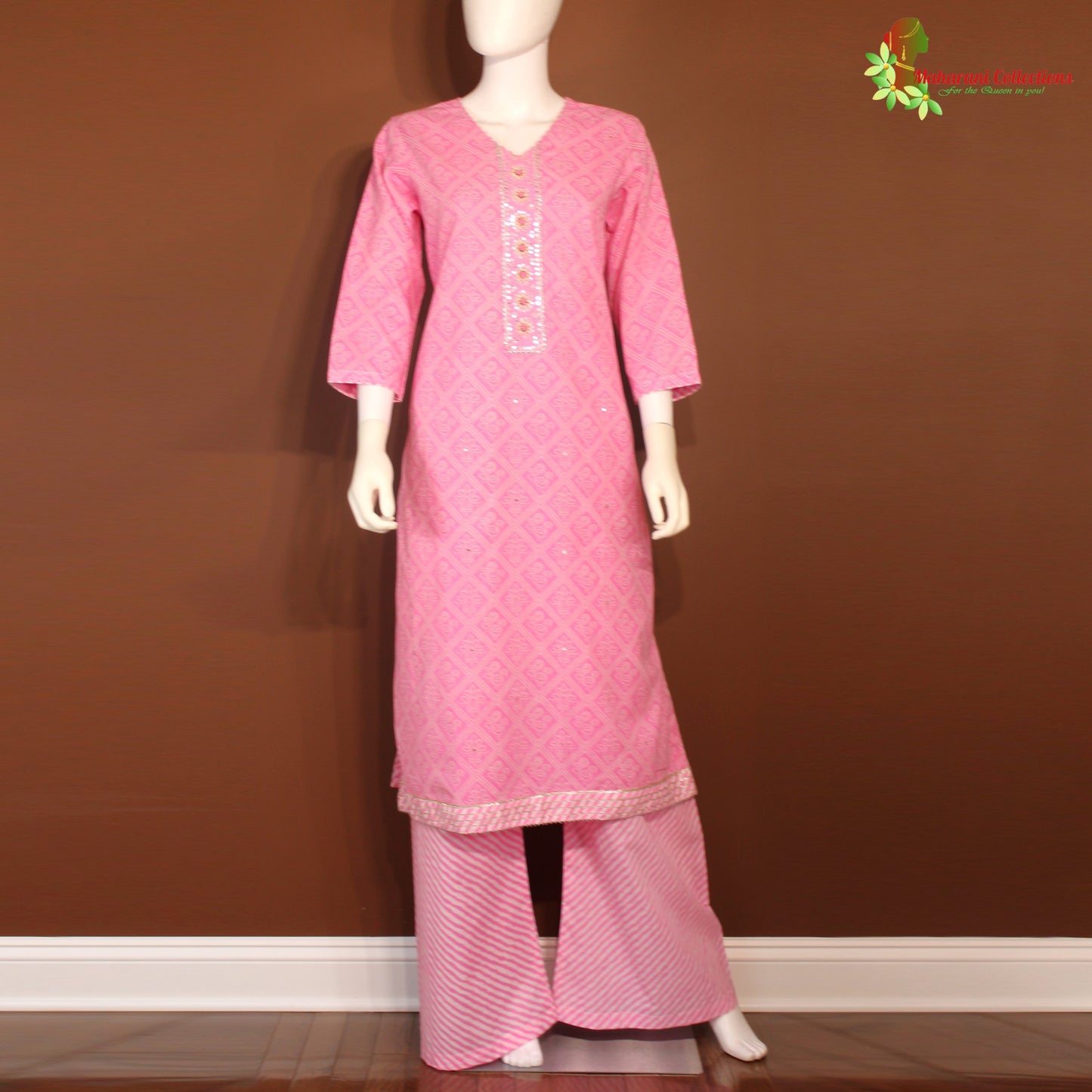 Maharani's Soft Cotton Palazzo Suit Set - Pink (L)
