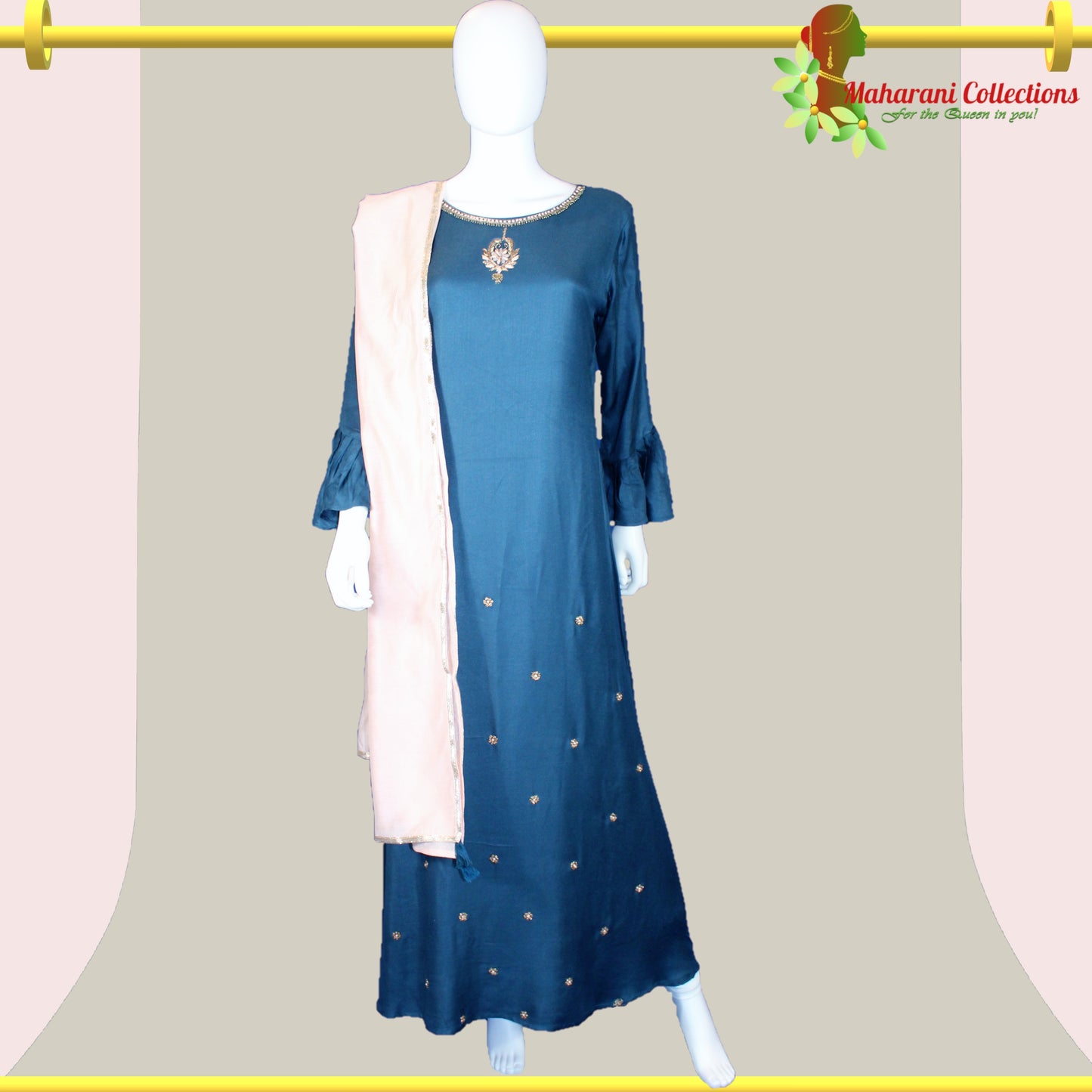 Linen Silk Long Dress with Dupatta - Peacock Blue (XL)