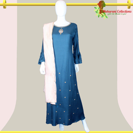 Linen Silk Long Dress with Dupatta - Peacock Blue (XL)