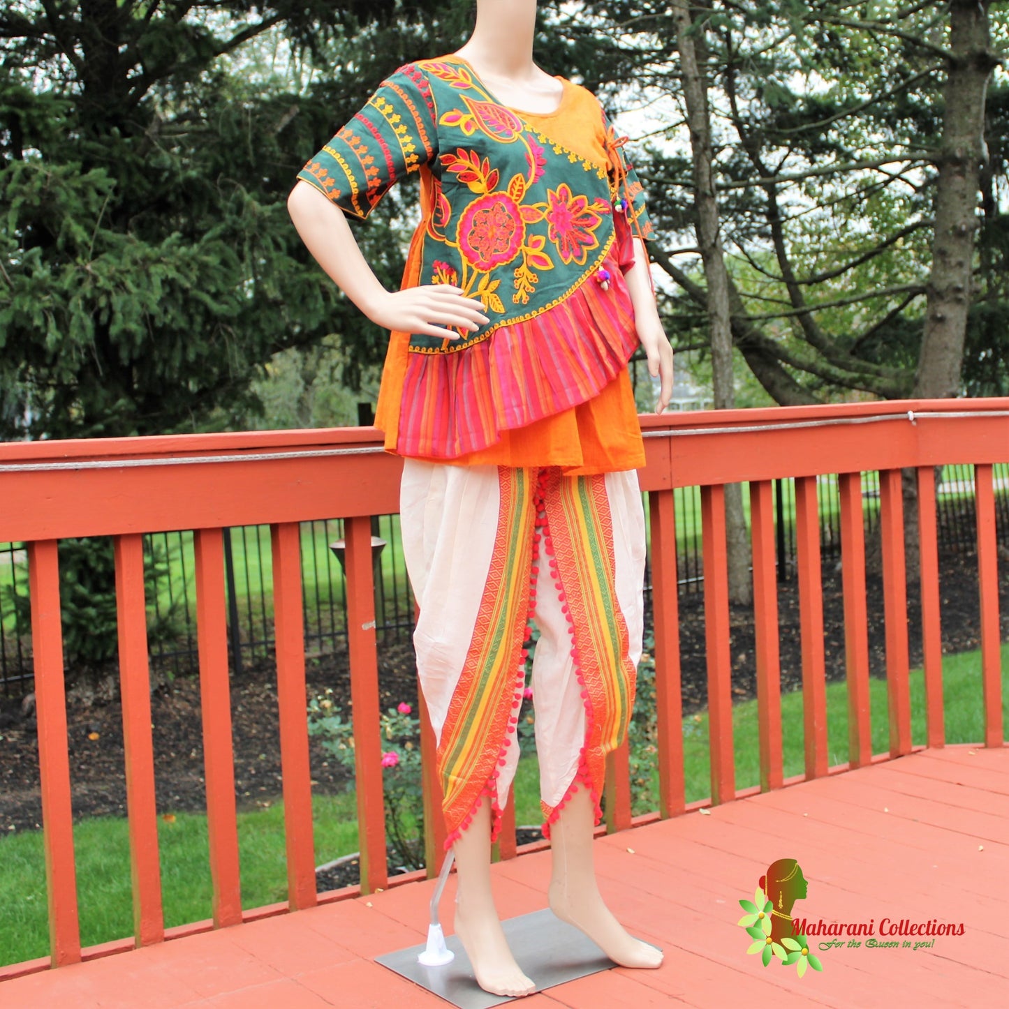 Maharani's Tulip Pant and Choli (Dhoti Choli) - Red/Orange/White (M)
