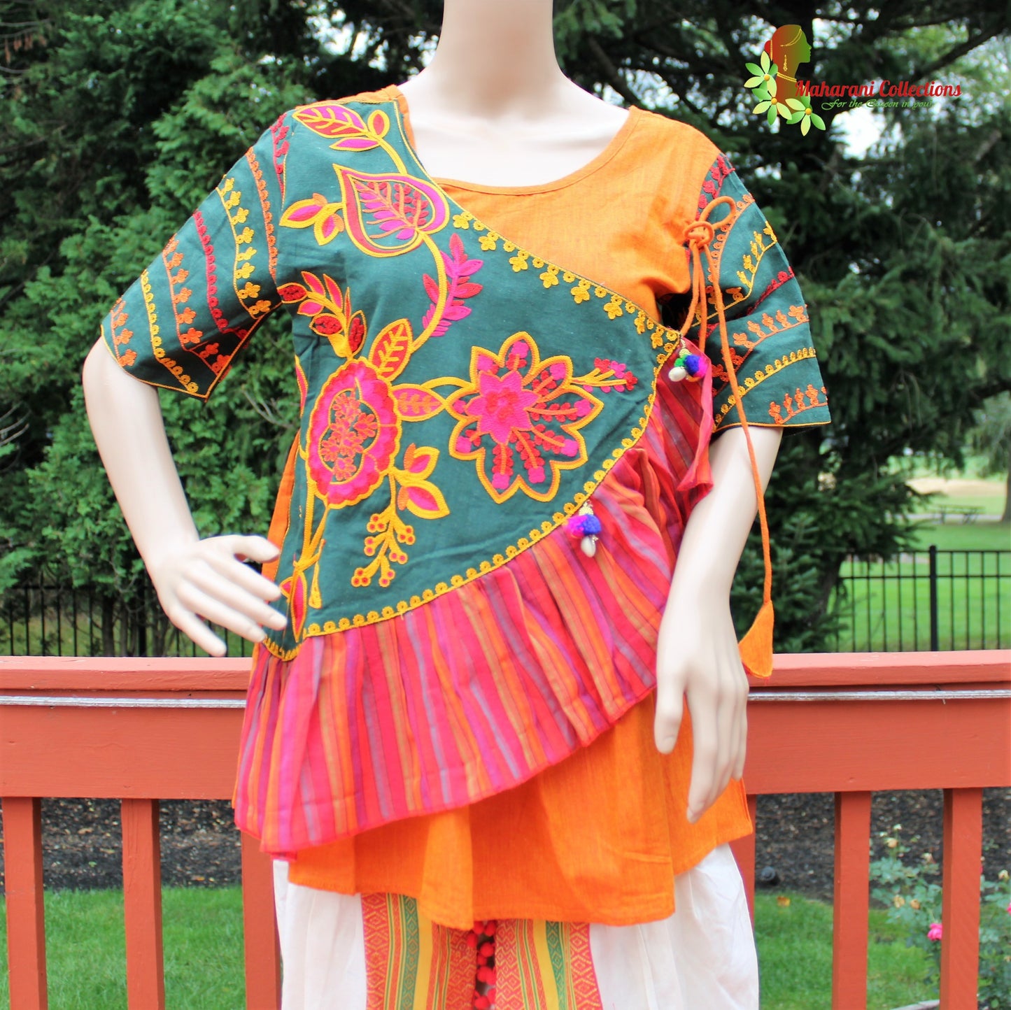 Maharani's Tulip Pant and Choli (Dhoti Choli) - Red/Orange/White (M)