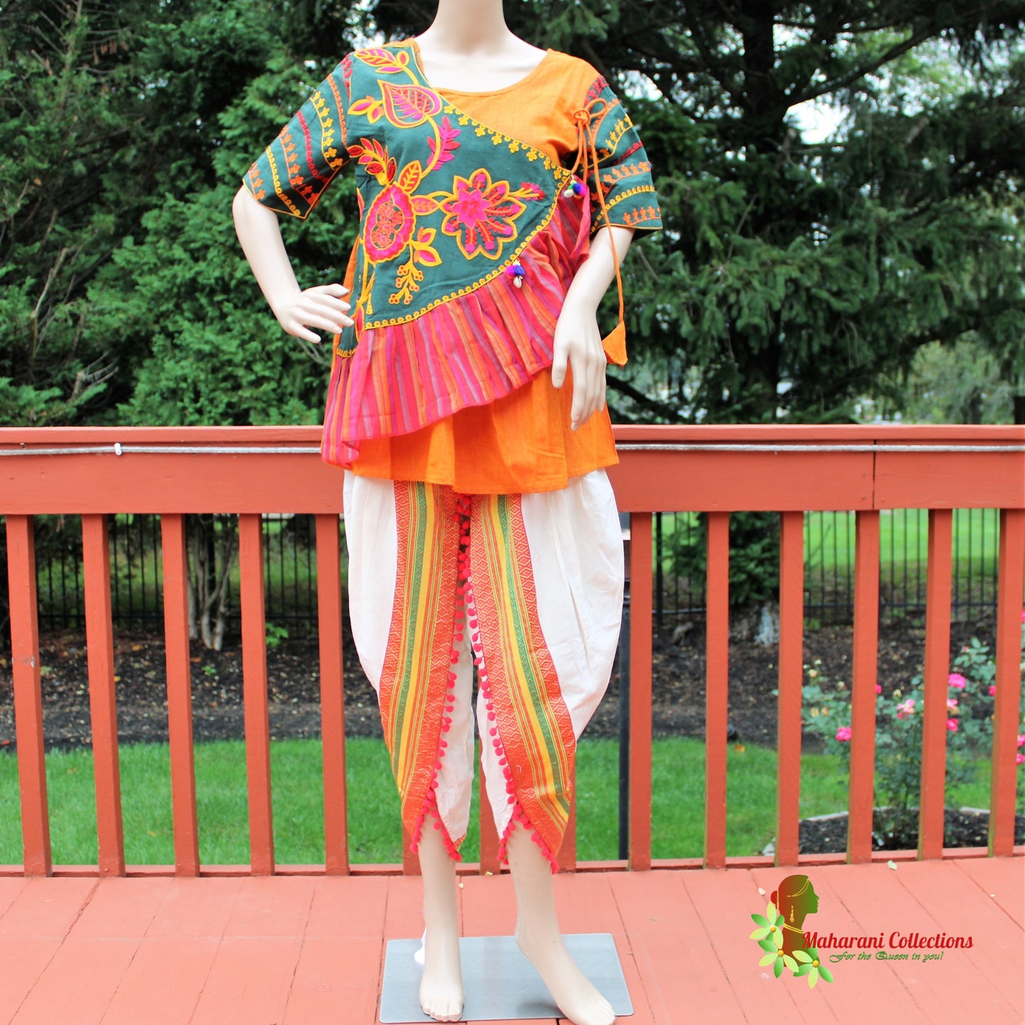 Maharani's Tulip Pant and Choli (Dhoti Choli) - Red/Orange/White (M)