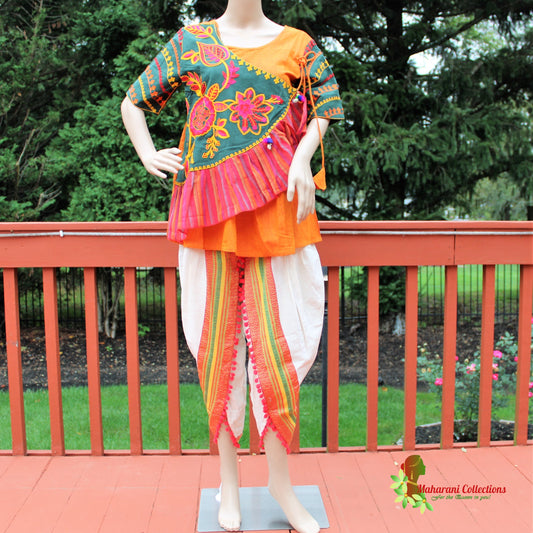 Maharani's Tulip Pant and Choli (Dhoti Choli) - Red/Orange/White (M)