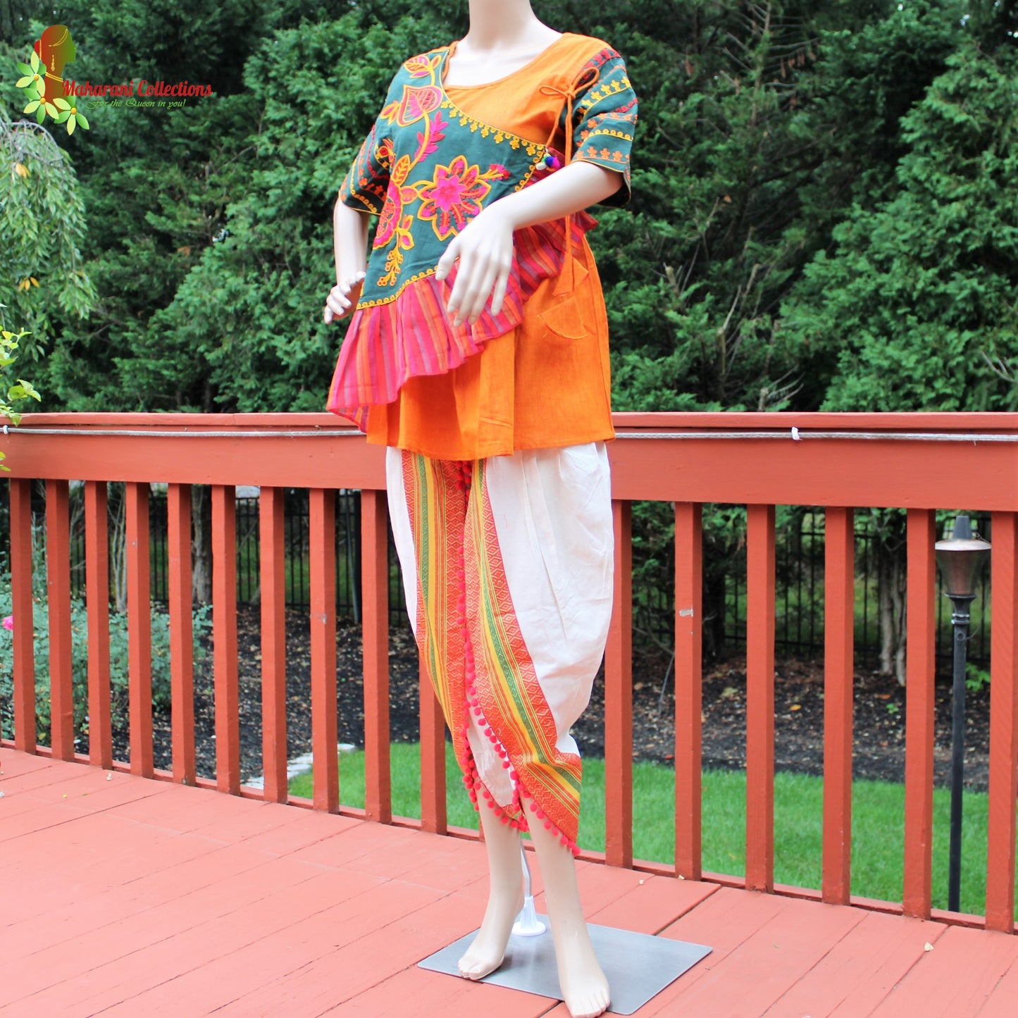 Maharani's Tulip Pant and Choli (Dhoti Choli) - Red/Orange/White (M)