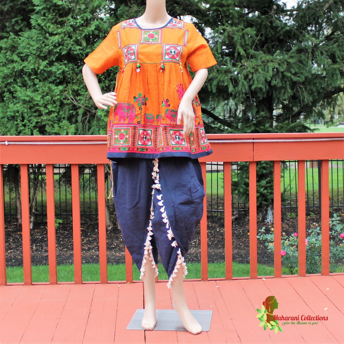 Maharani's Tulip Pant and Choli (Dhoti Choli) - Orange/Blue (L)