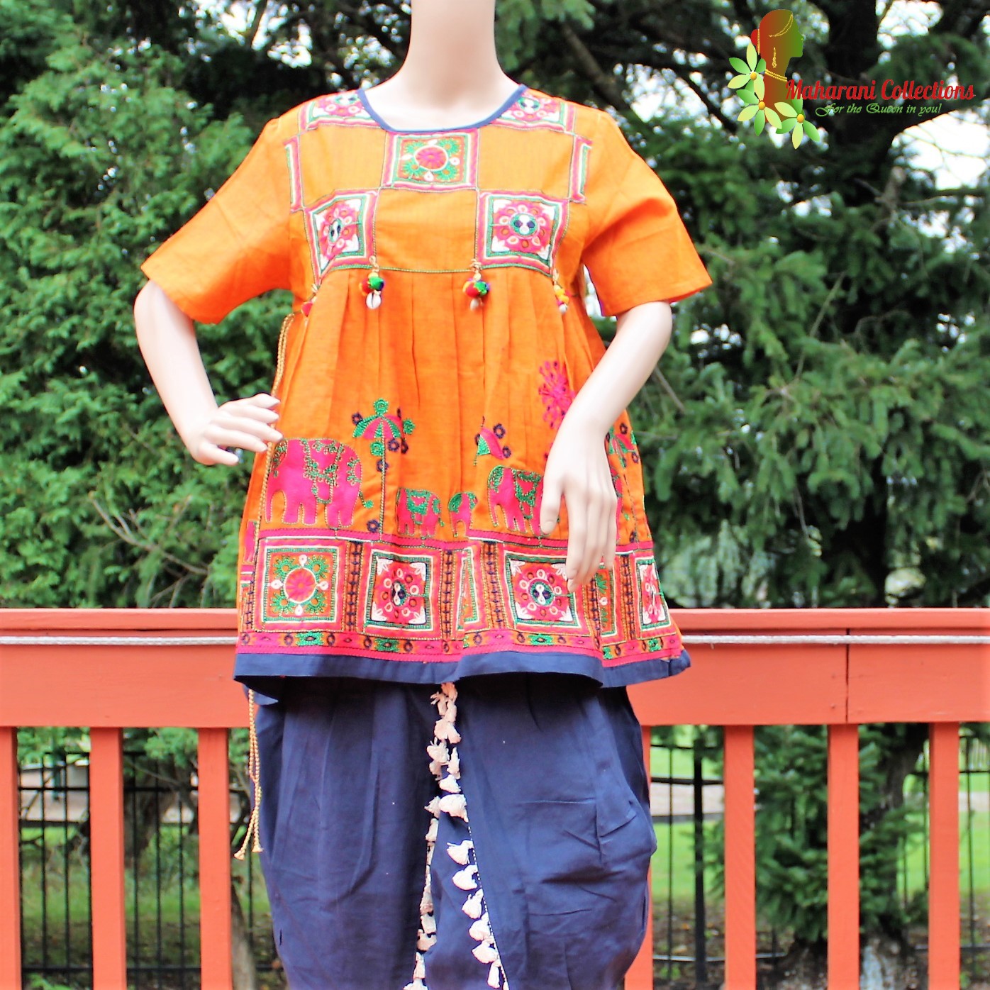 Maharani's Tulip Pant and Choli (Dhoti Choli) - Orange/Blue (L)