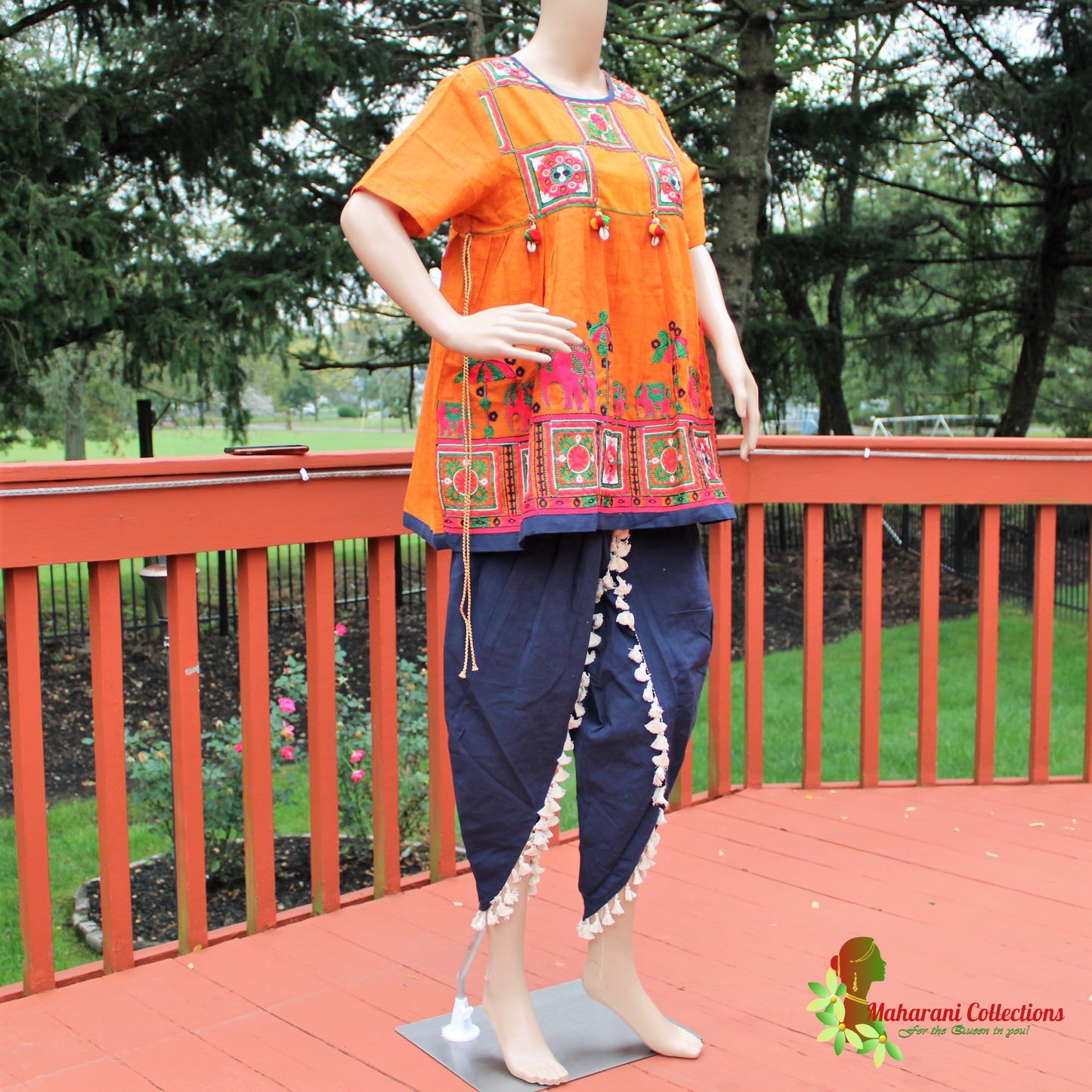 Maharani's Tulip Pant and Choli (Dhoti Choli) - Orange/Blue (L)