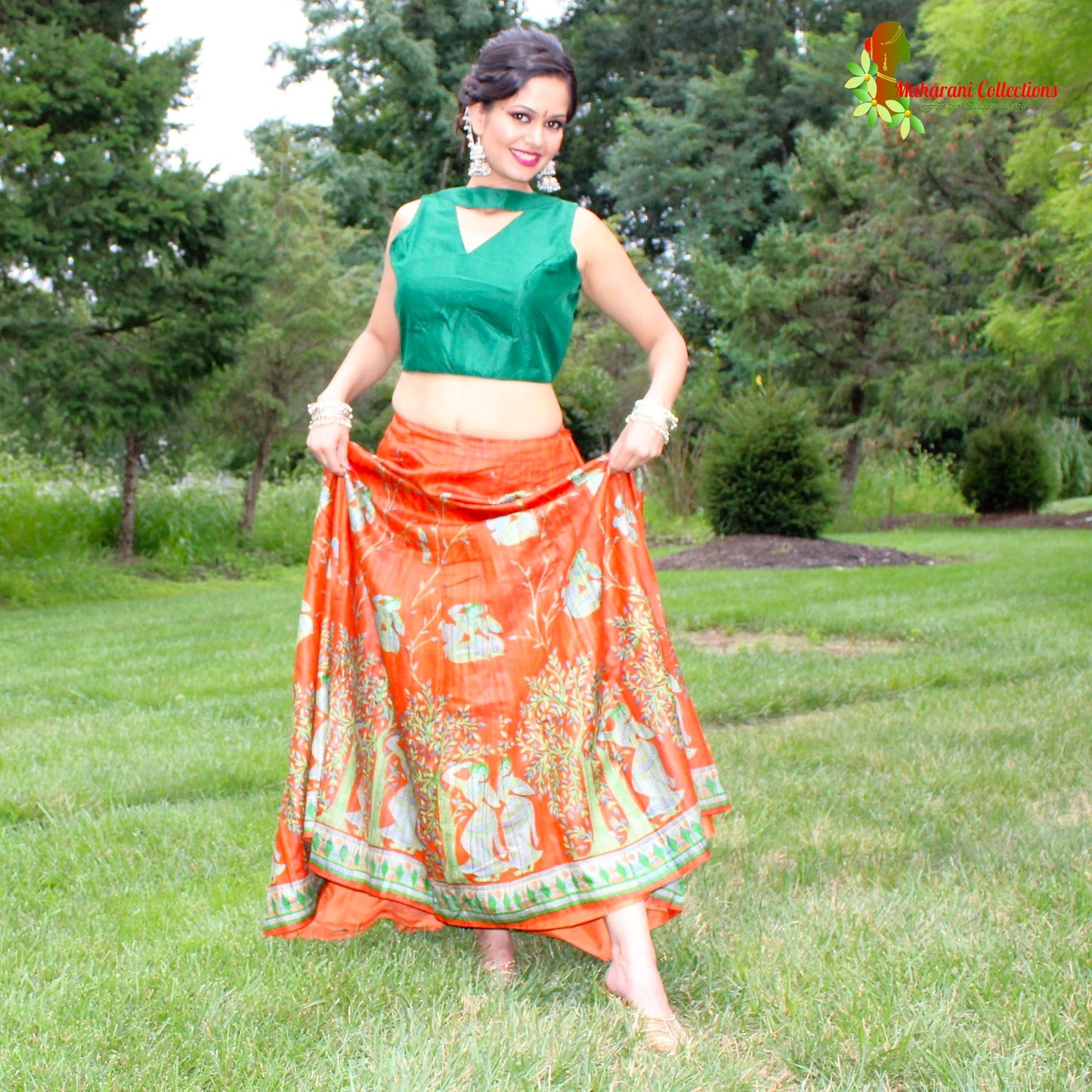 Maharani's Pure Tussar Silk Lehenga - Orange & Green (M)